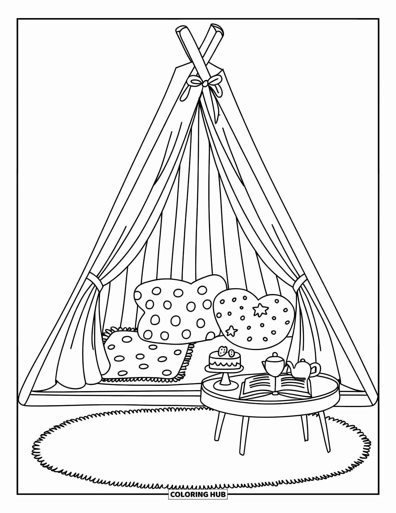 Dream Bedroom Coloring Page for Kids: A soft rug and treat-filled table complete this cute tent nook