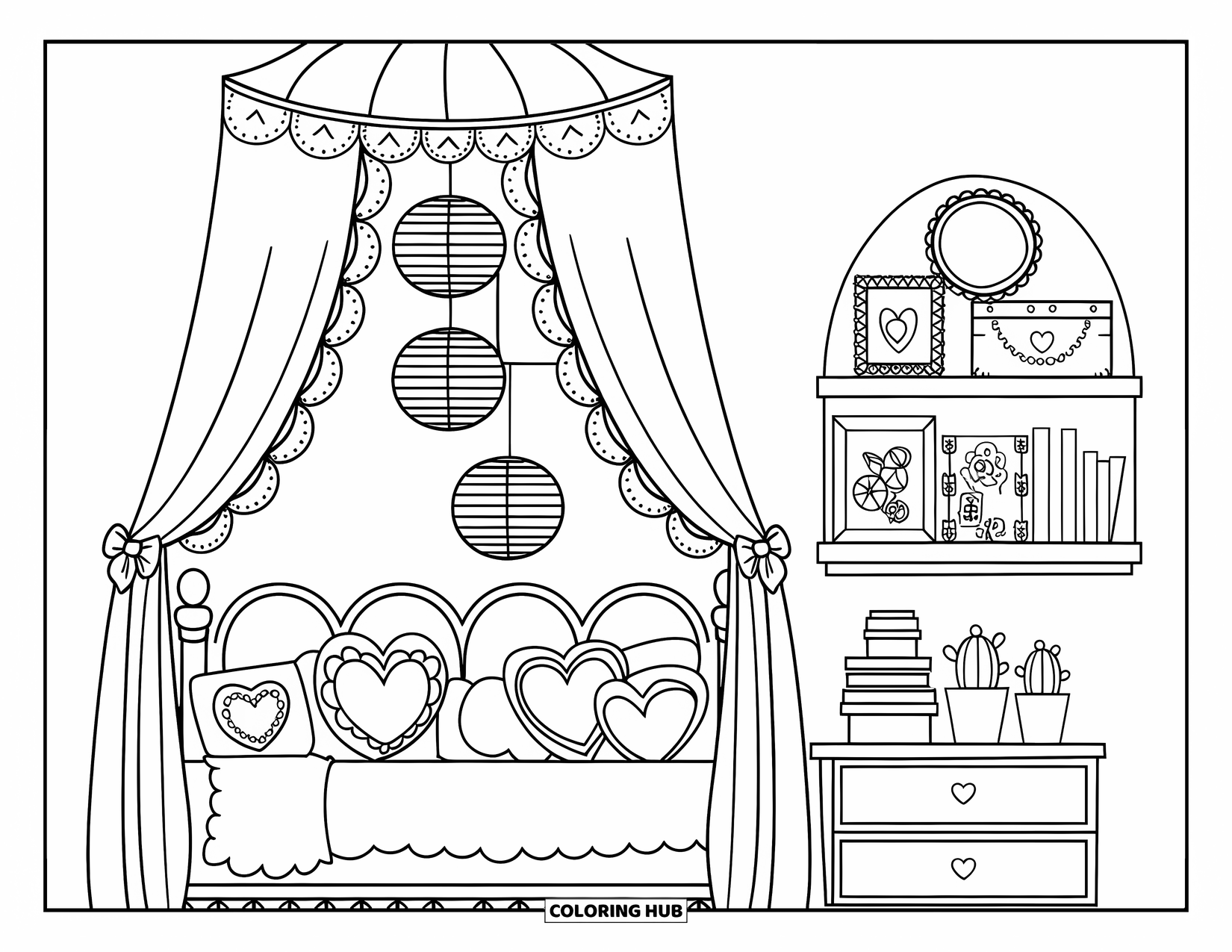 Dream Bedroom Coloring Page for Kids: A tall bed with soft pillows and lantern lights makes this room magical