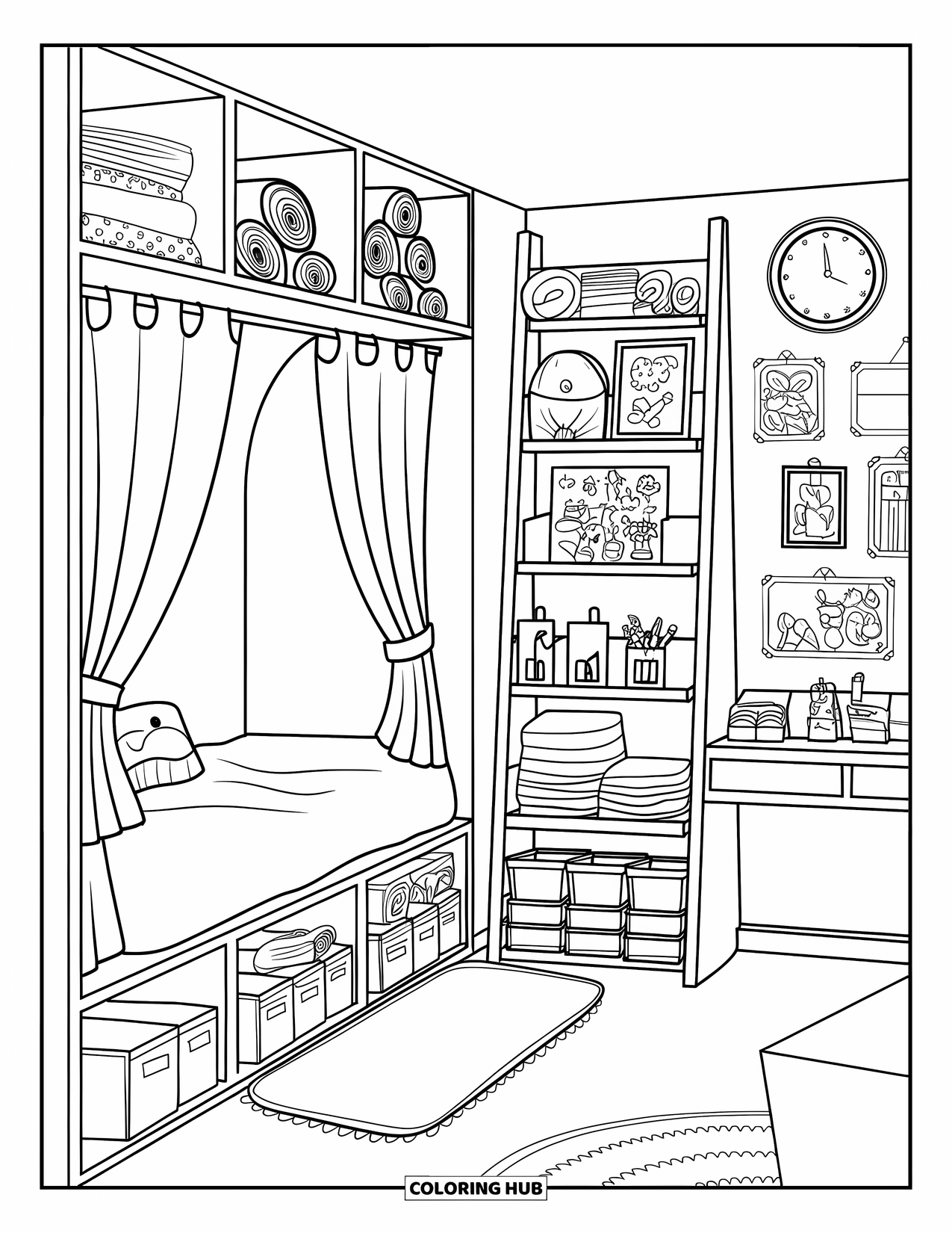 Dream Bedroom Coloring Page for Kids: A tucked-in bed and tidy desk sit beside tall shelves and cozy cubbies