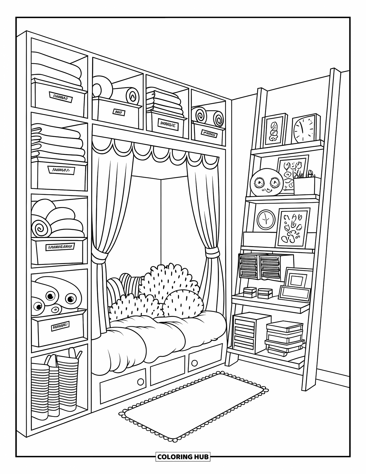 Dream Bedroom Coloring Page for Kids: An alcove bed, soft rug, and storage cubbies make this narrow room super tidy