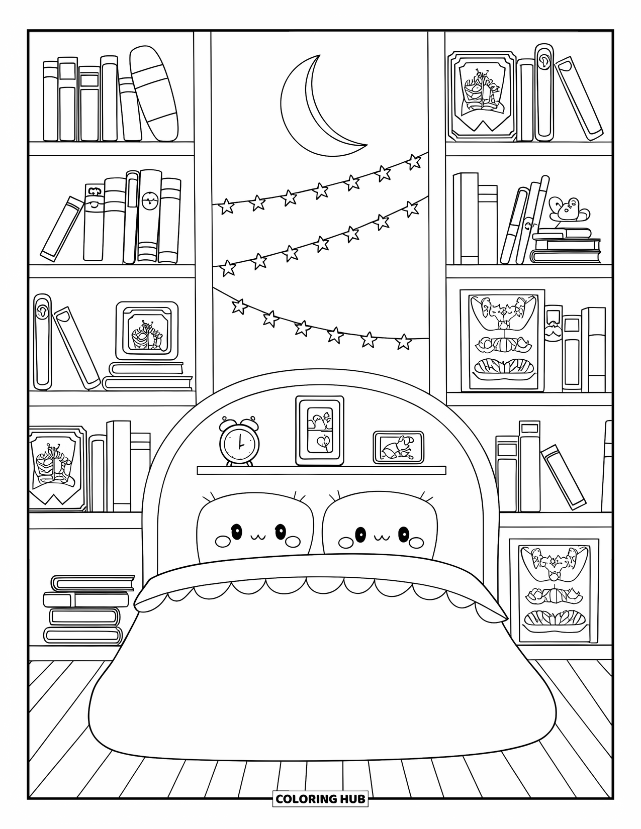 Dream Bedroom Coloring Page for Kids: Books, fairy tales, and a crescent moon lamp fill this dreamy sleep corner