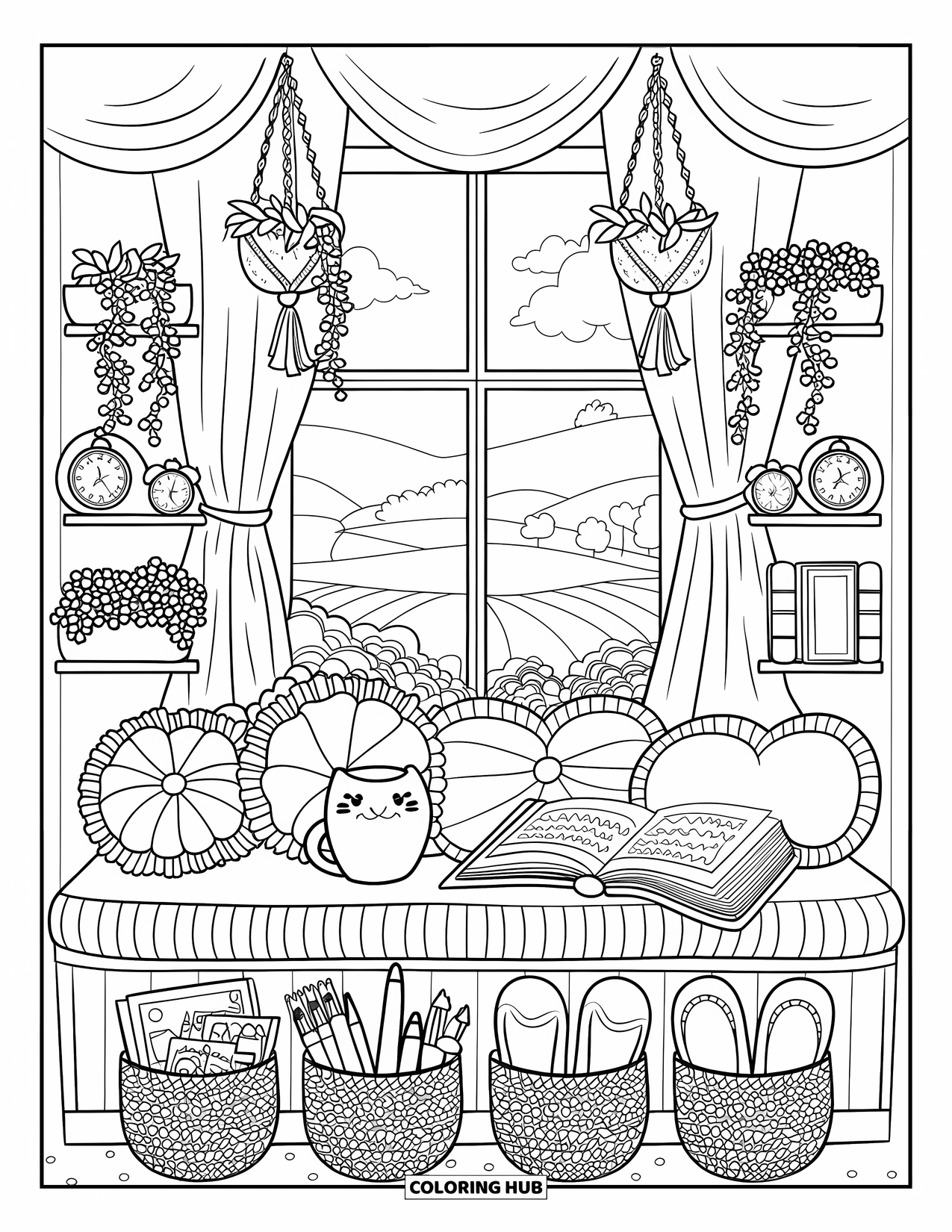 Dream Bedroom Coloring Page for Kids: Books, slippers, and vines decorate this charming window seat retreat