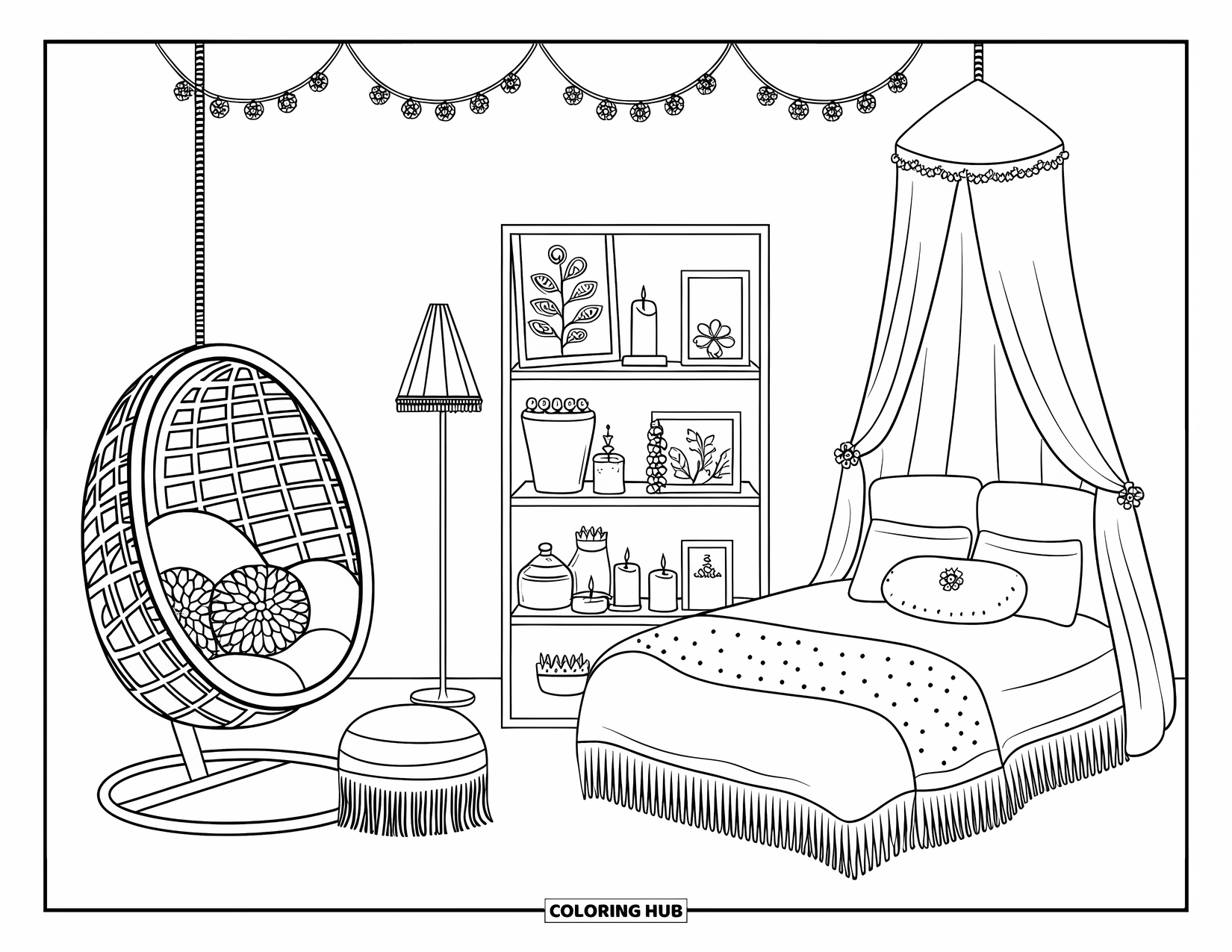 Dream Bedroom Coloring Page for Kids: Cushions, pom-poms, and a cozy chair create a perfect boho bedroom vibe