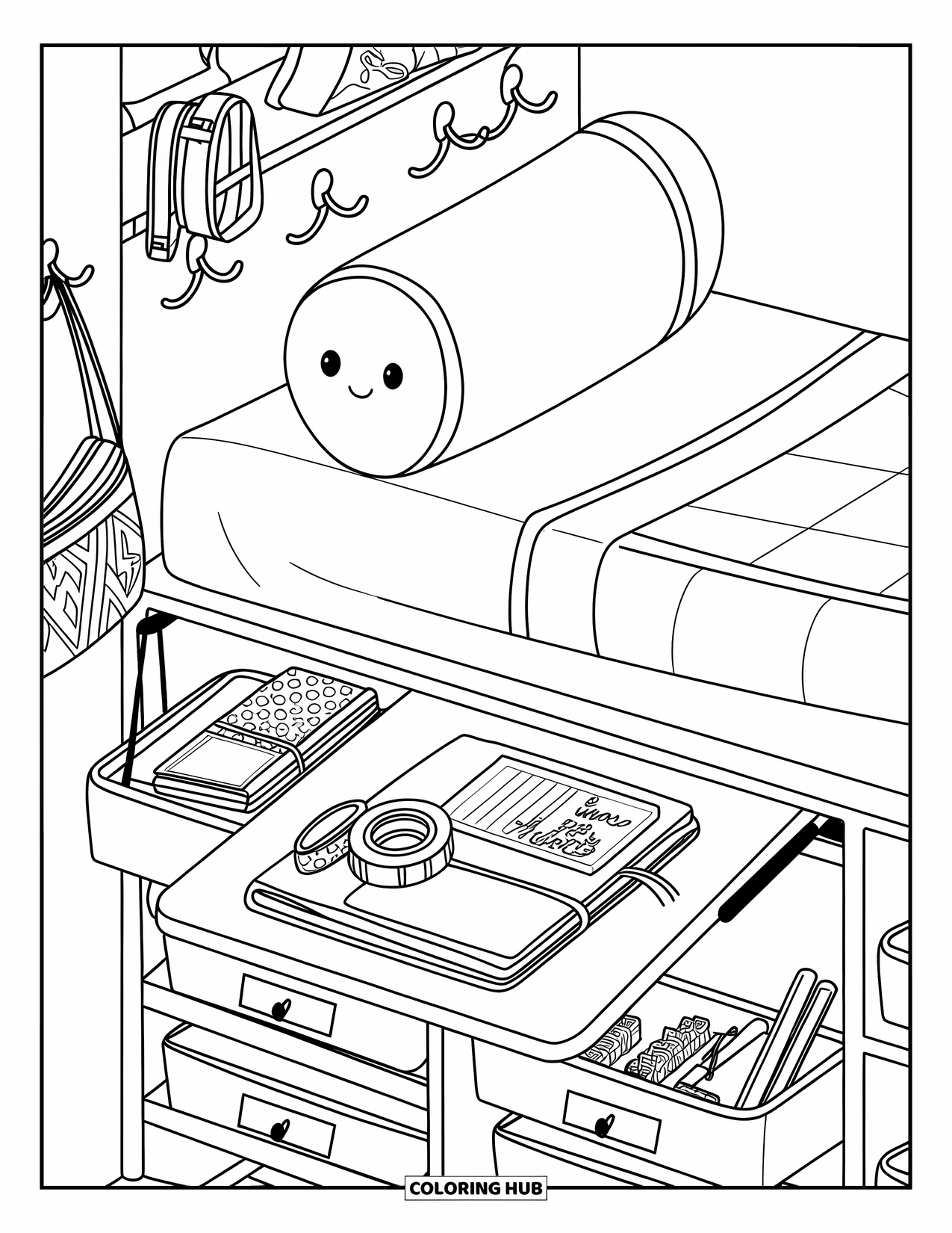 Dream Bedroom Coloring Page for Kids: Journals, tapes, and pastel pens fill this cheerful raised-bed bedroom