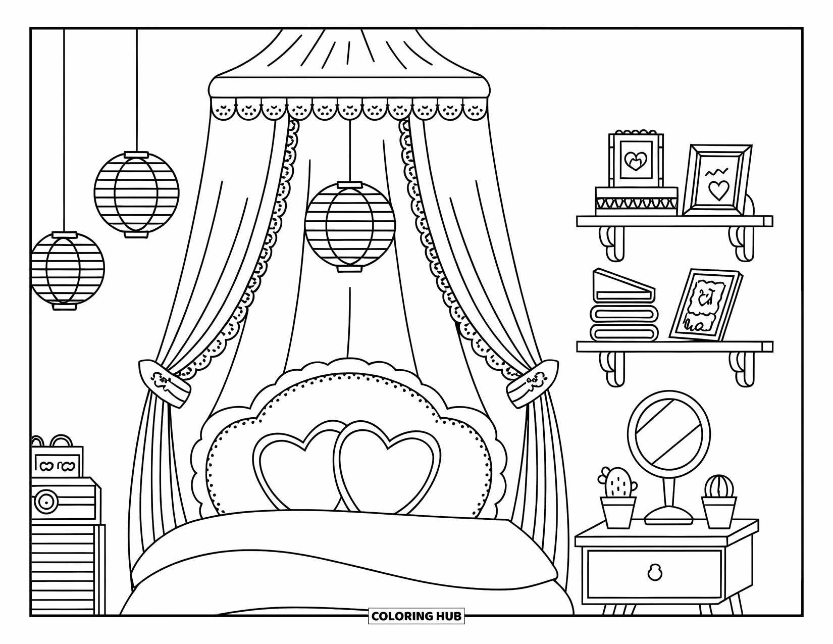 Dream Bedroom Coloring Page for Kids: Lacy curtains and scalloped blankets make this canopy bed the coziest sleep spot