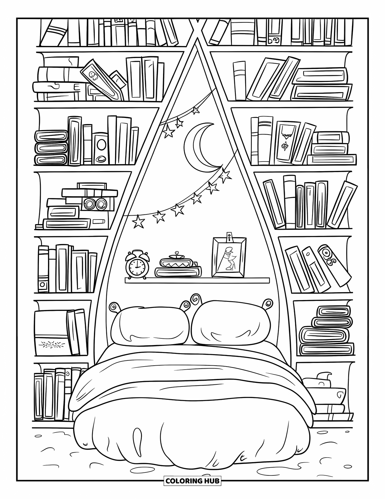 Dream Bedroom Coloring Page for Kids: Paper stars and fairy tale books line this cozy bedroom library