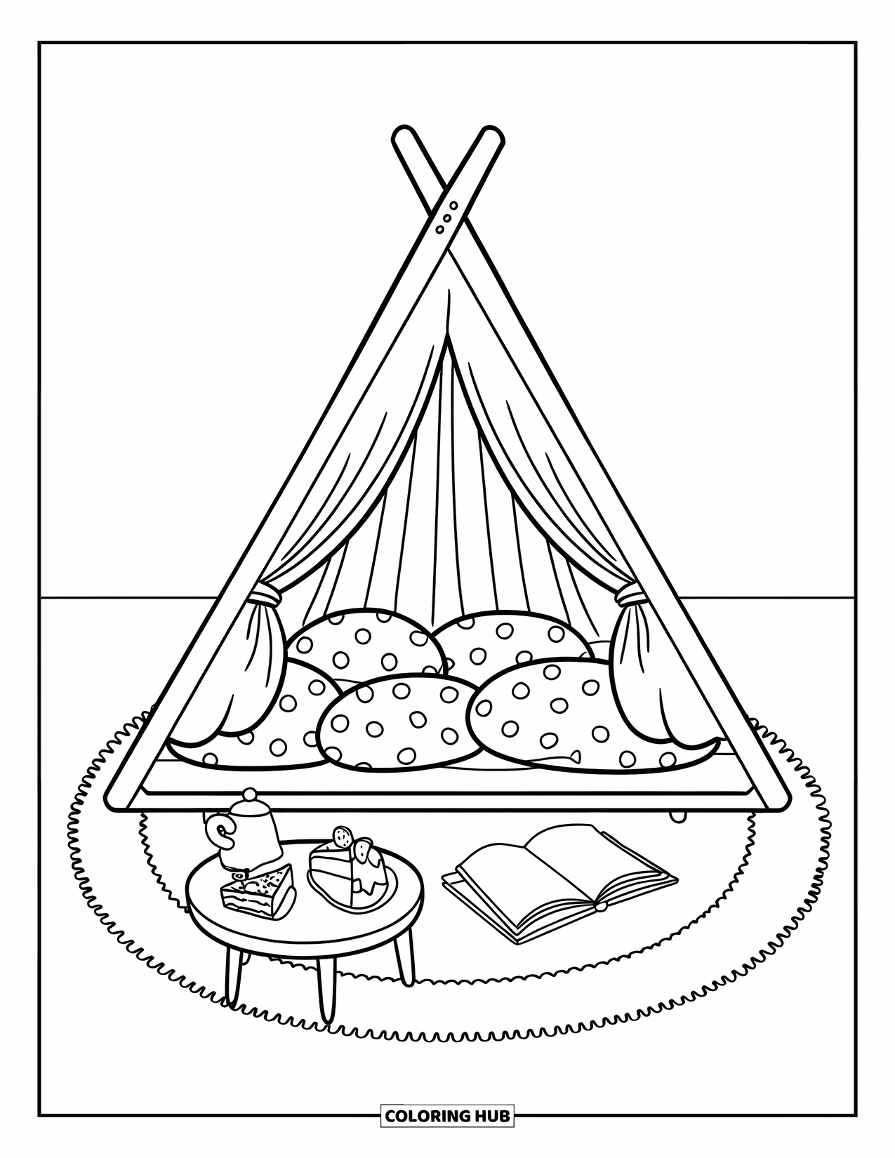 Dream Bedroom Coloring Page for Kids: Strawberry pillows and a teapot sit beside this cozy striped tent hideaway