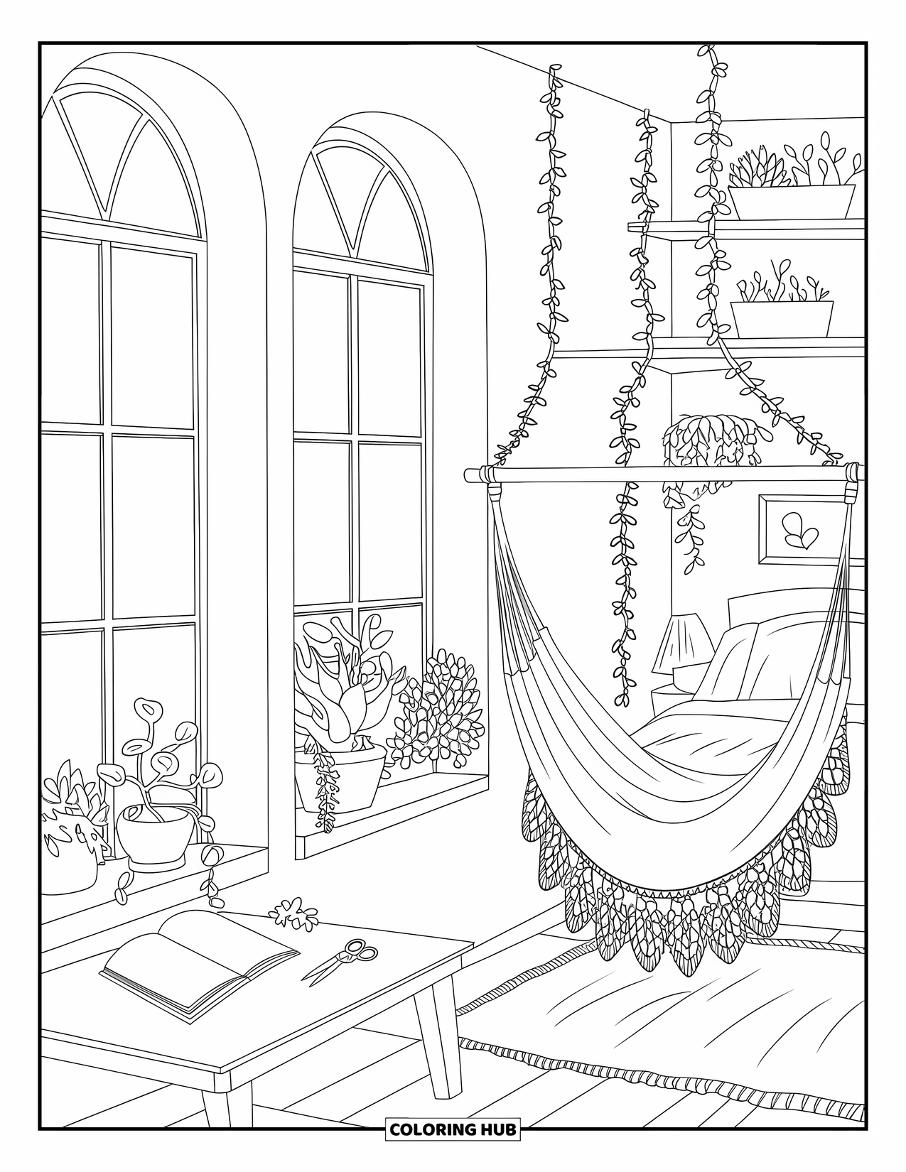 Dream Bedroom Coloring Page for Kids: Sunlight fills this room with a bed, hammock, and windowsills full of plants