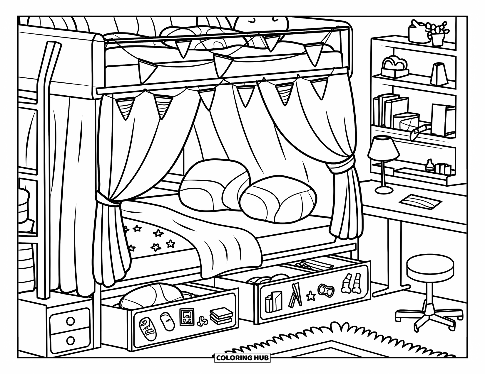 Dream Bedroom Coloring Page for Kids: This cute room has a bunk bed, tiny desk, and labeled drawers for toys