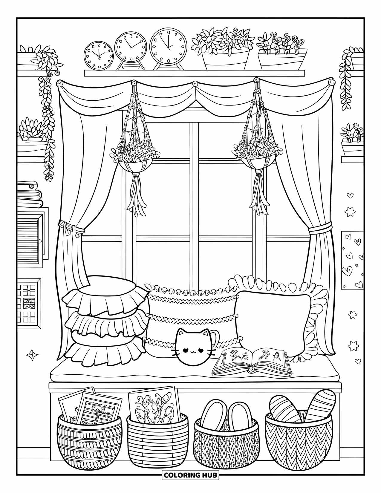 Dream Bedroom Coloring Page for Kids: This sunny window nook has soft pillows, cute mugs, and cozy little baskets