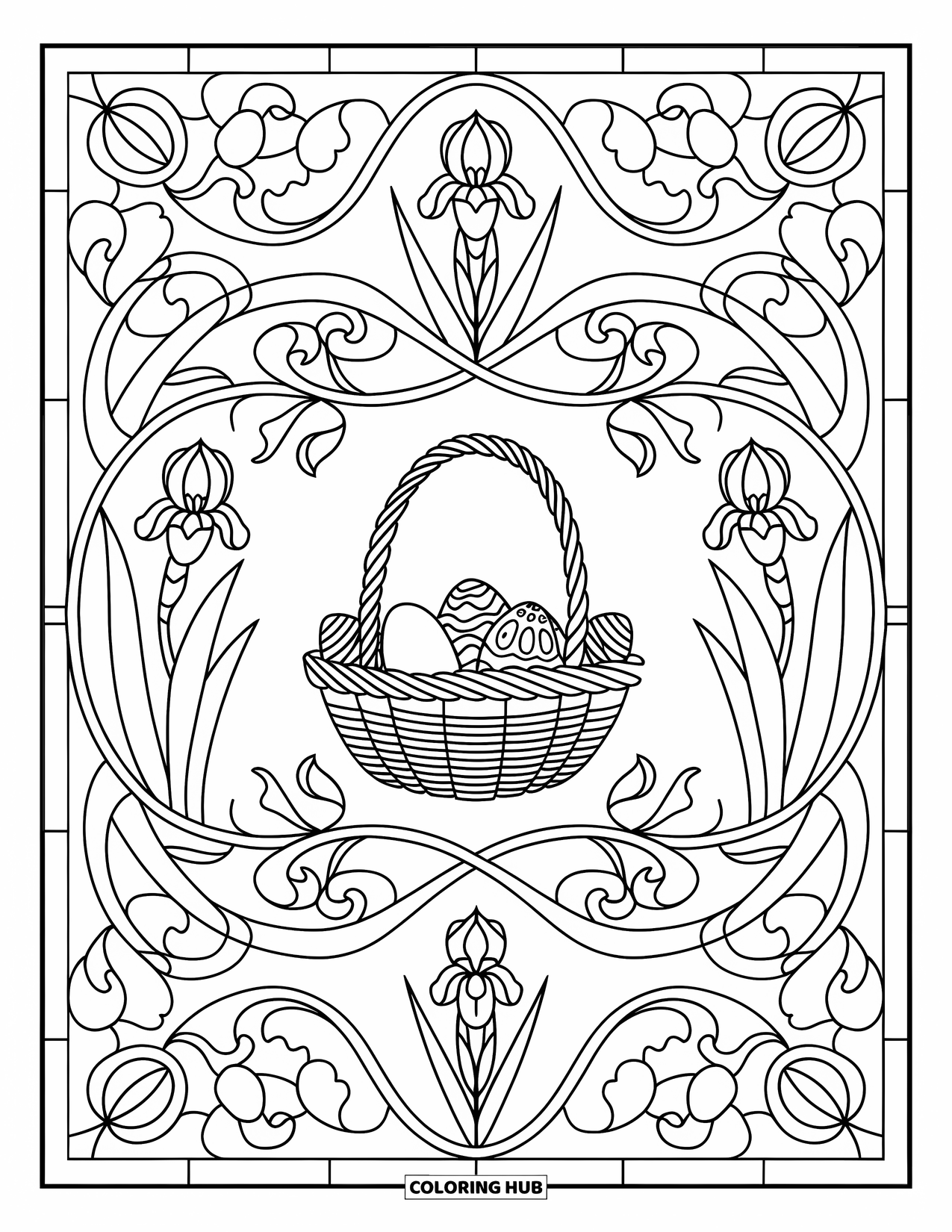 Easter Basket Coloring Page for Adults: A basket is framed by stained glass irises and curling vines