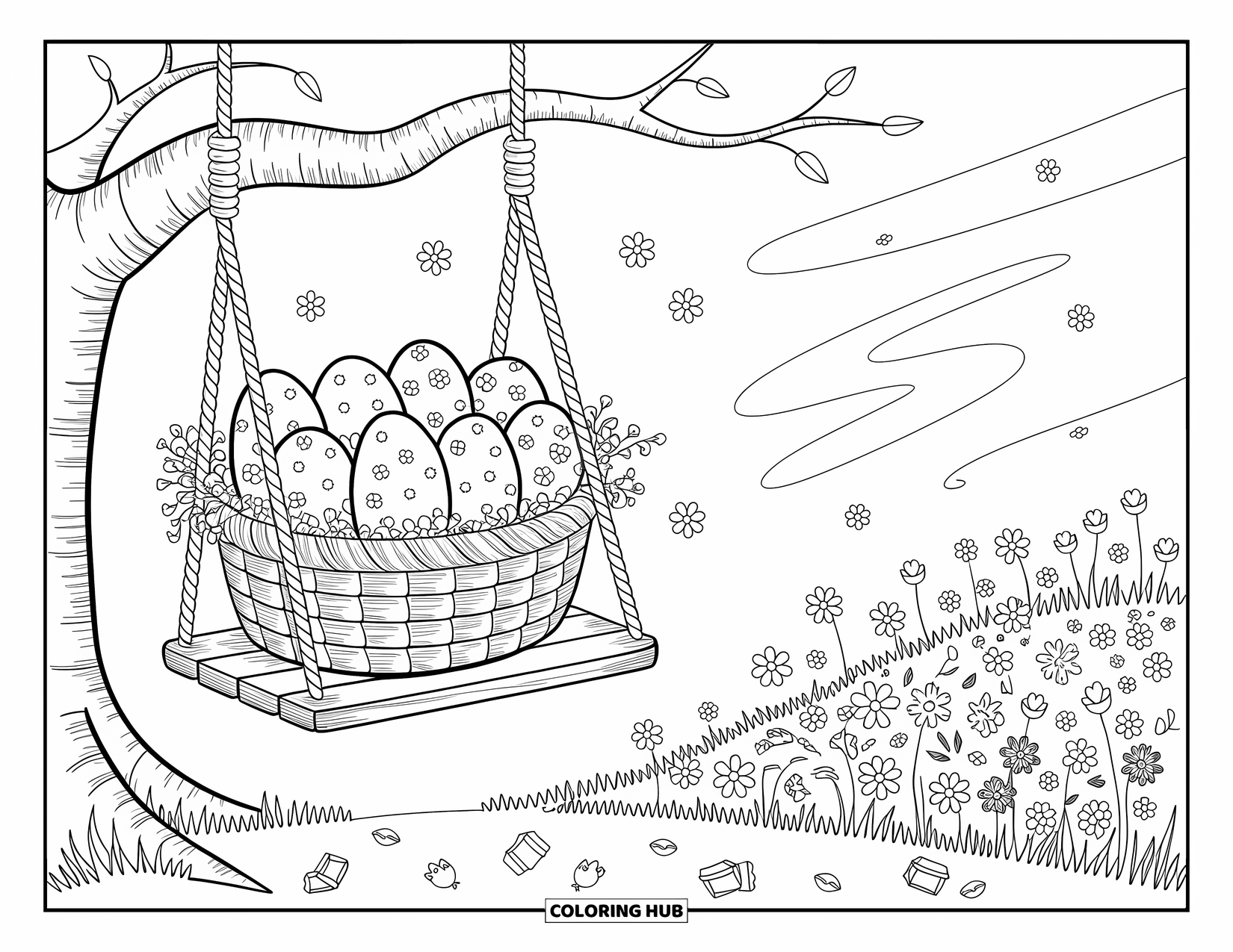 Easter Basket Coloring Page for Adults: A basket of patterned eggs rests on a swing above wildflowers and tiny chick footprints