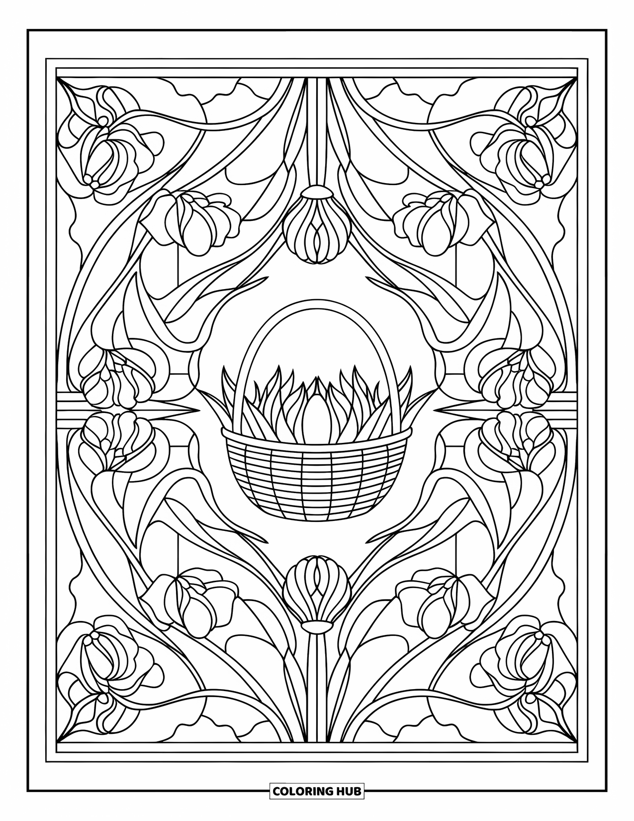 Easter Basket Coloring Page for Adults: A basket surrounded by stained glass irises rests within symmetrical panels