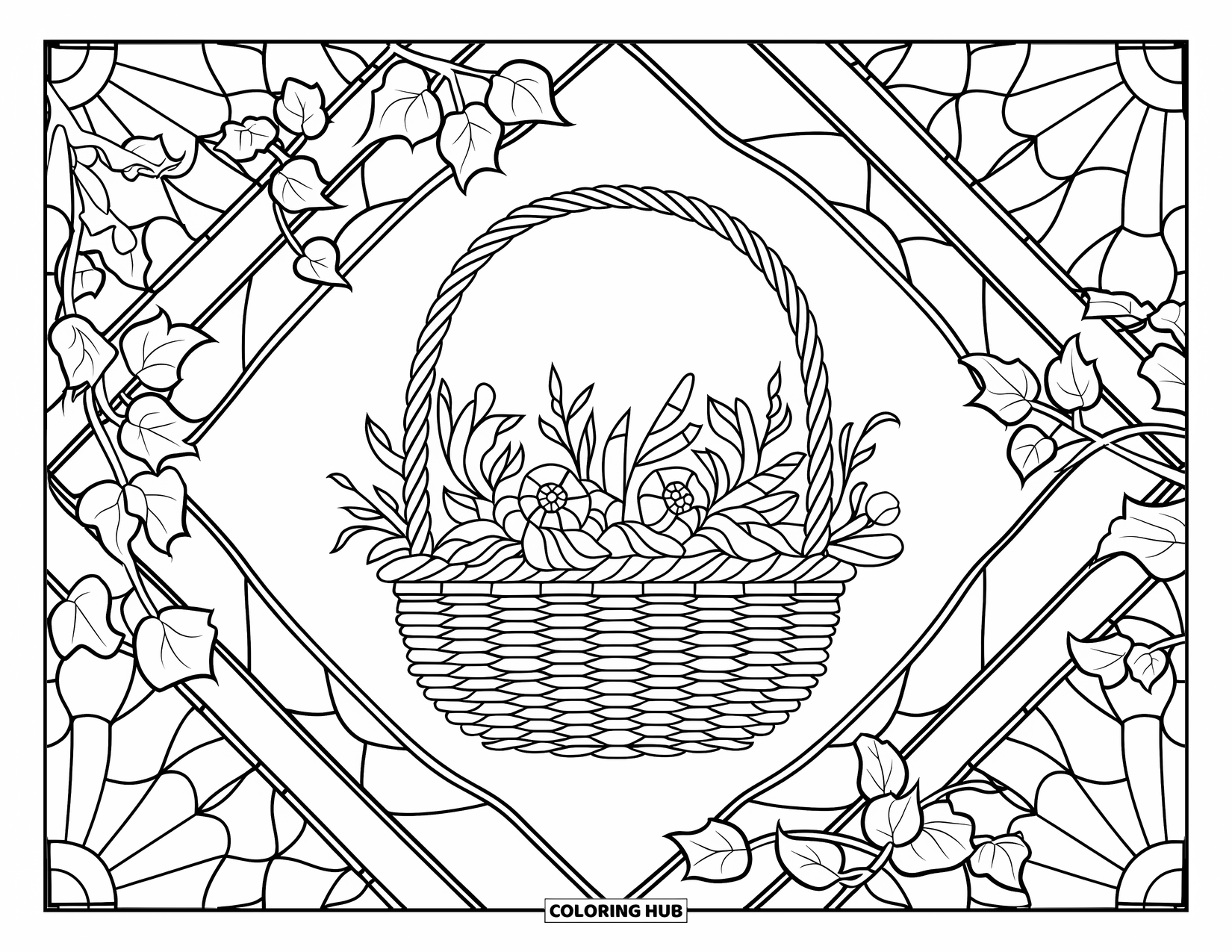 Easter Basket Coloring Page for Adults: A carved basket is framed by stained glass panels and ivy