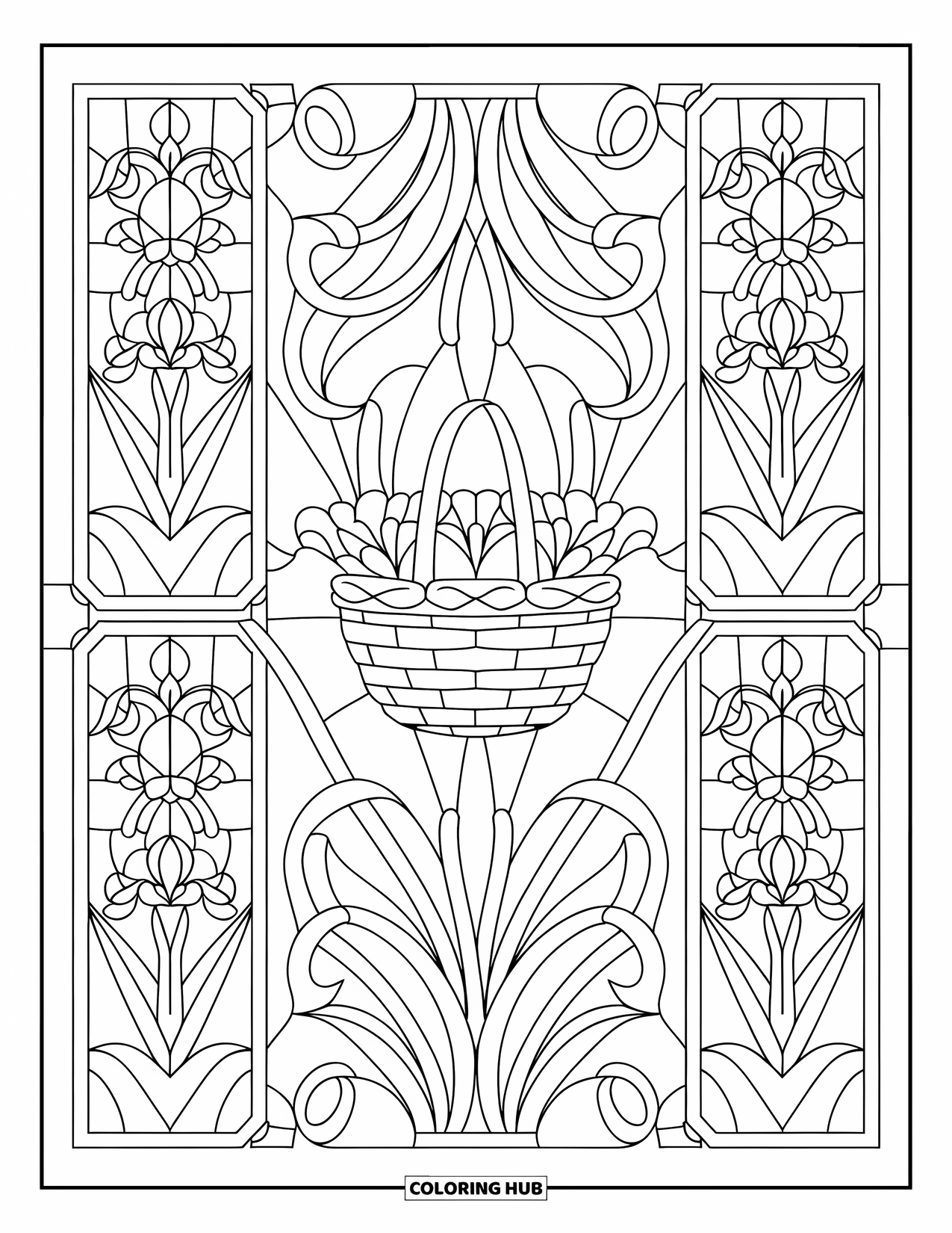 Easter Basket Coloring Page for Adults: A central basket is framed by stained glass irises and curling vines