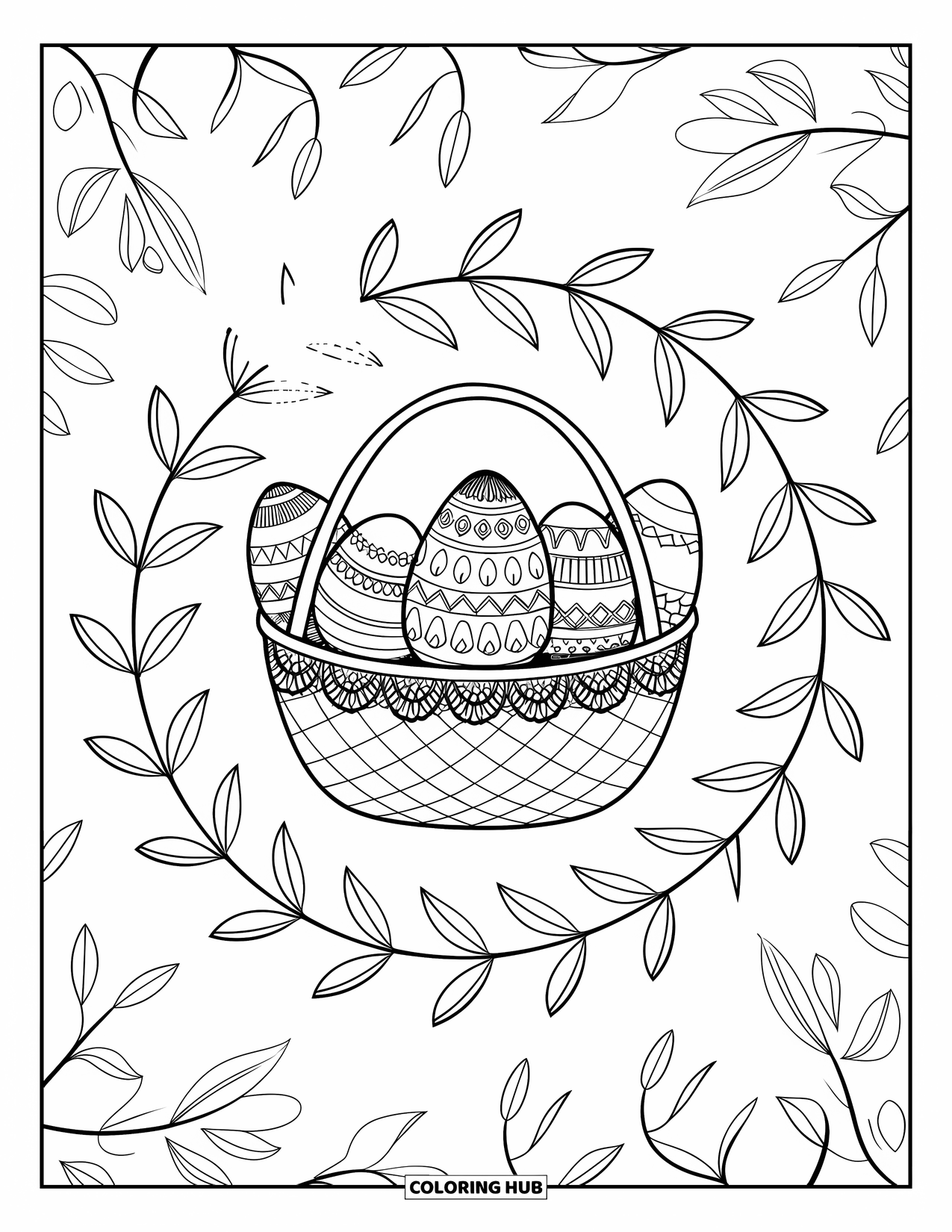 Easter Basket Coloring Page for Adults: A lace basket of eggs is encircled by leafy mandala spirals