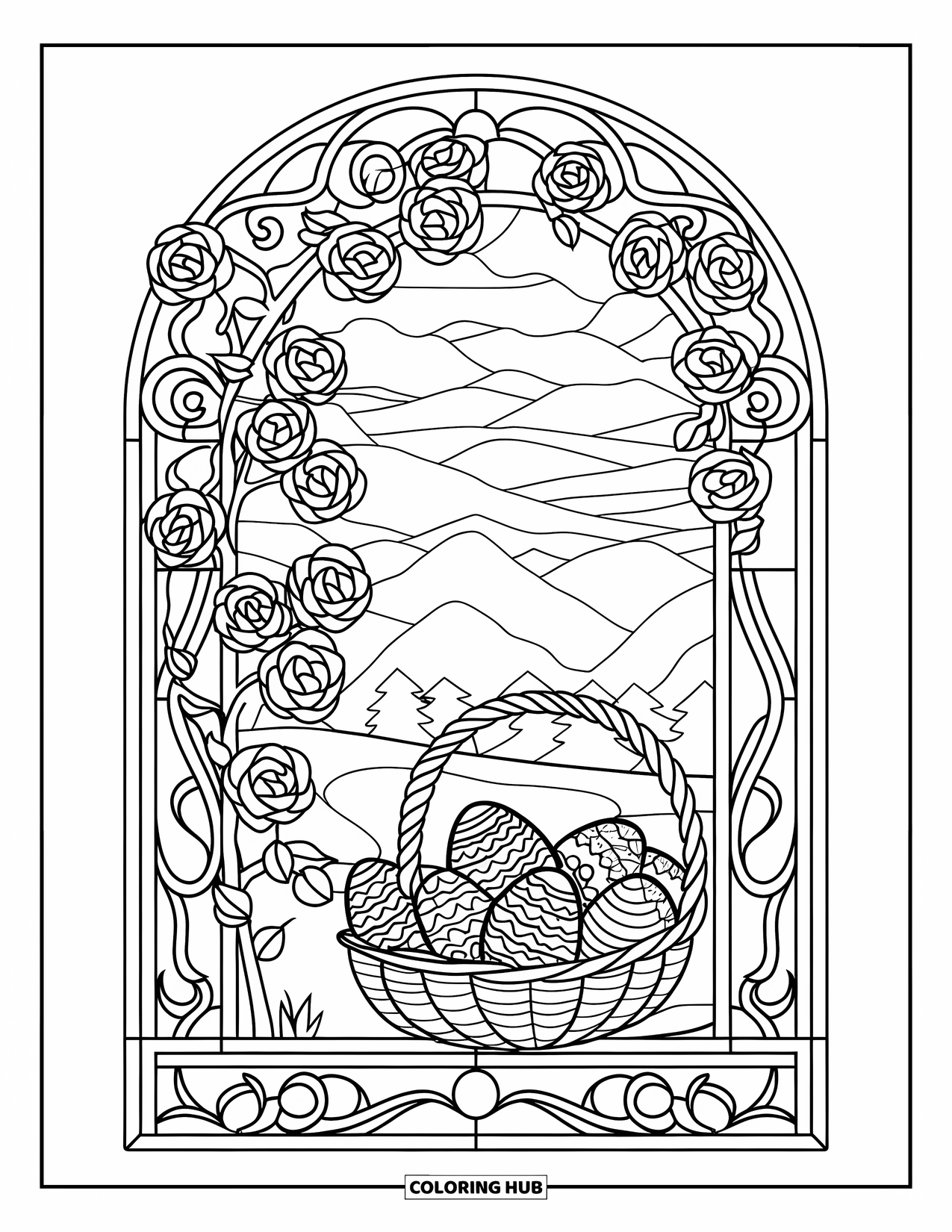 Easter Basket Coloring Page for Adults: A rose-stained glass frame holds a basket of swirl eggs with mountains behind