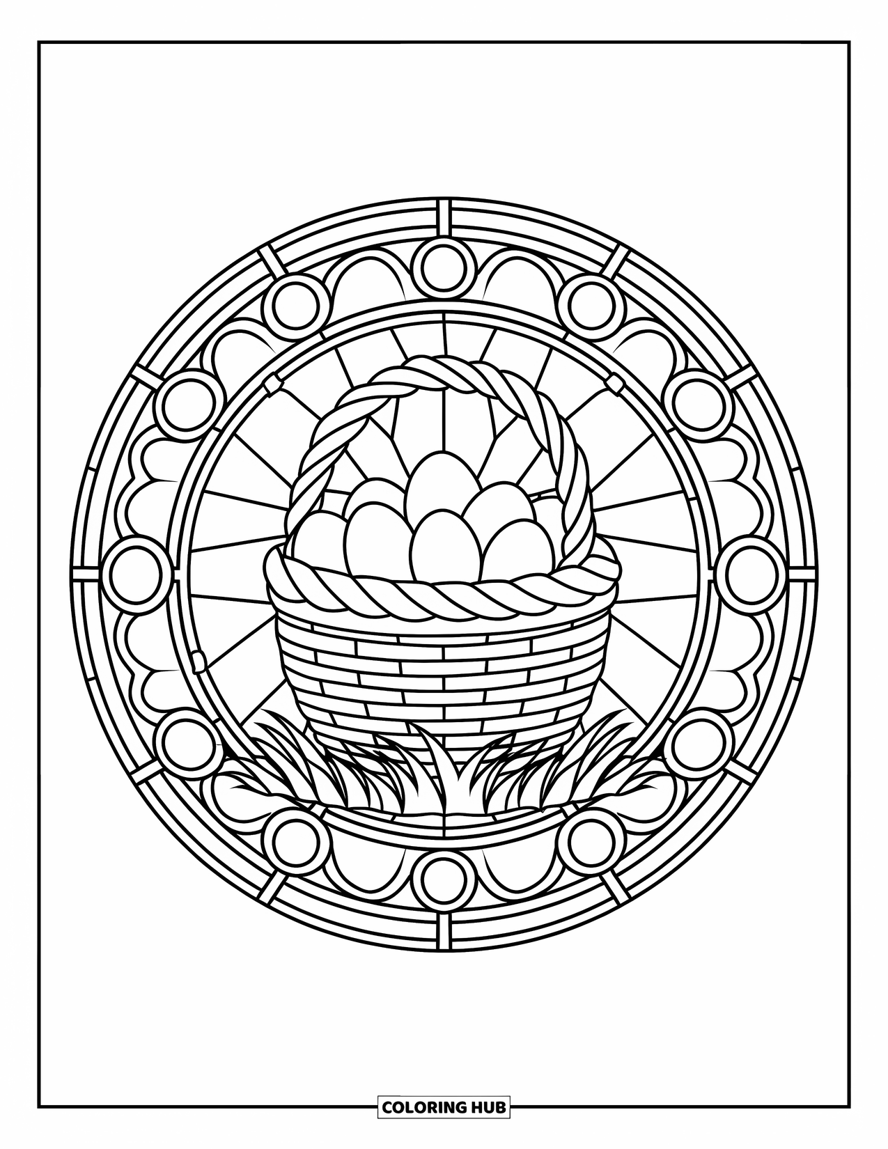 Easter Basket Coloring Page for Adults: A rose window stained glass circle frames a basket of eggs on grass