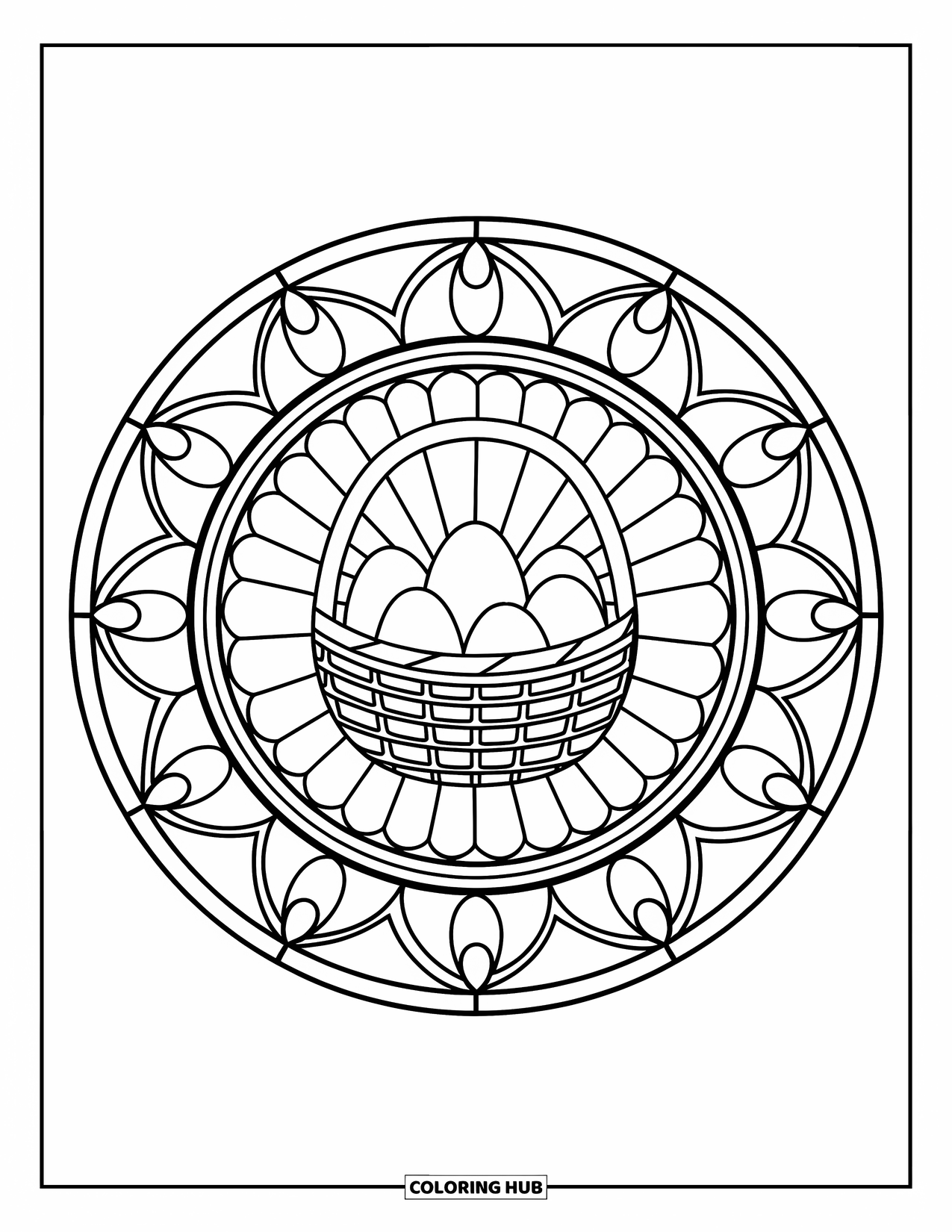 Easter Basket Coloring Page for Adults: A rose window-style stained glass circle holds a central basket of eggs