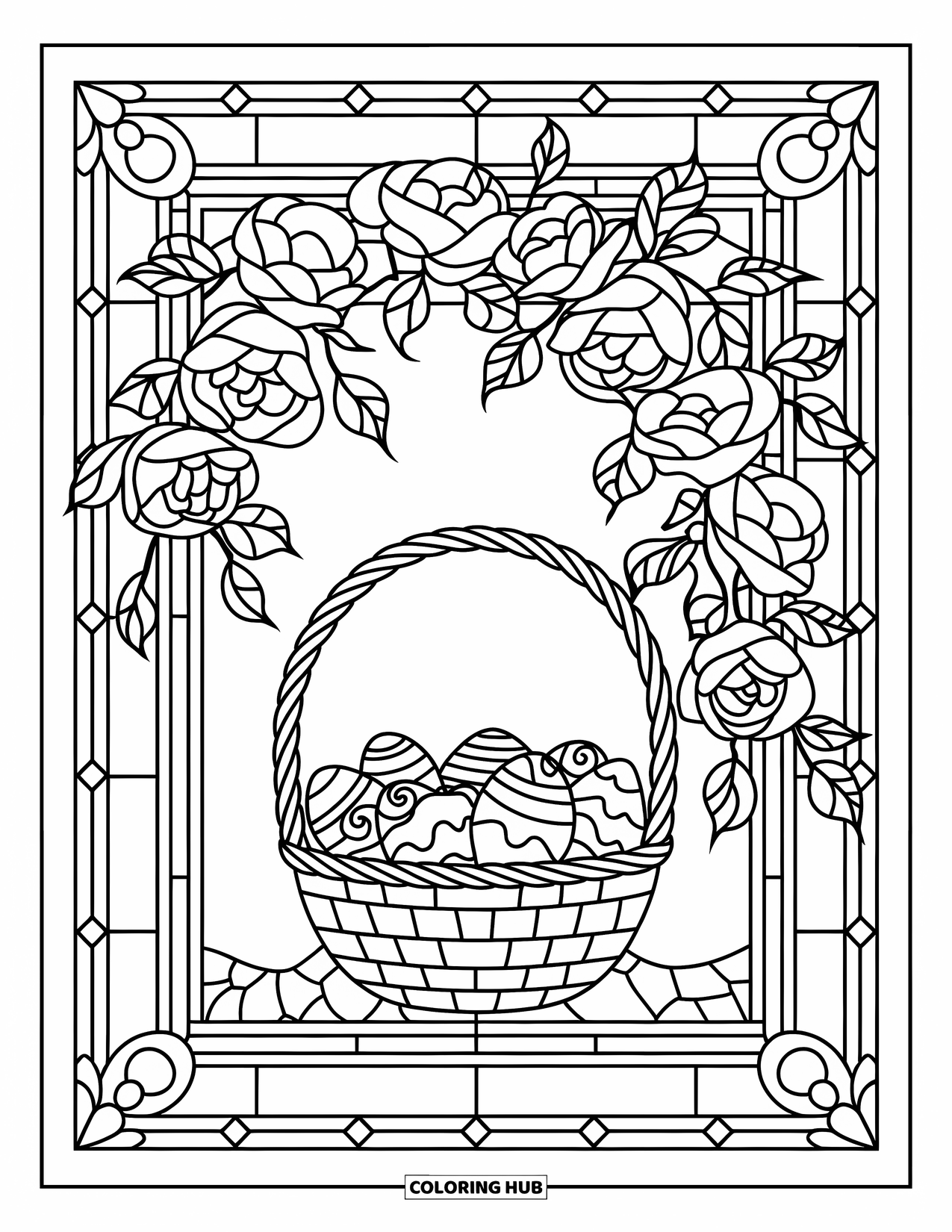 Easter Basket Coloring Page for Adults: A stained glass frame of roses surrounds a basket of swirl-patterned eggs