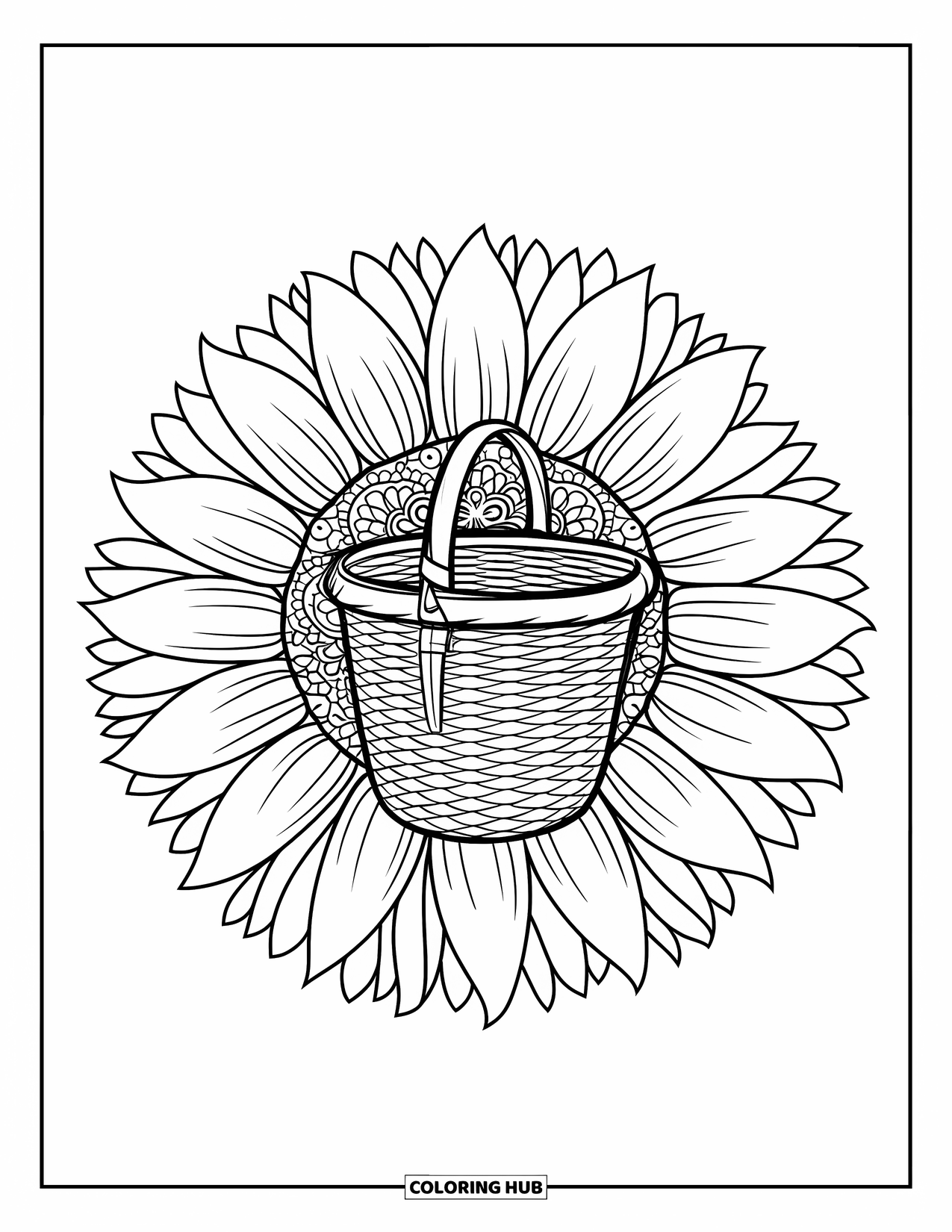 Easter Basket Coloring Page for Adults: A sunflower mandala encircles a central basket in intricate detail