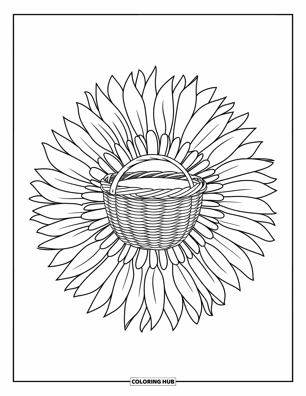 Easter Basket Coloring Page for Adults: A sunflower mandala with wide petals frames a basket in the middle