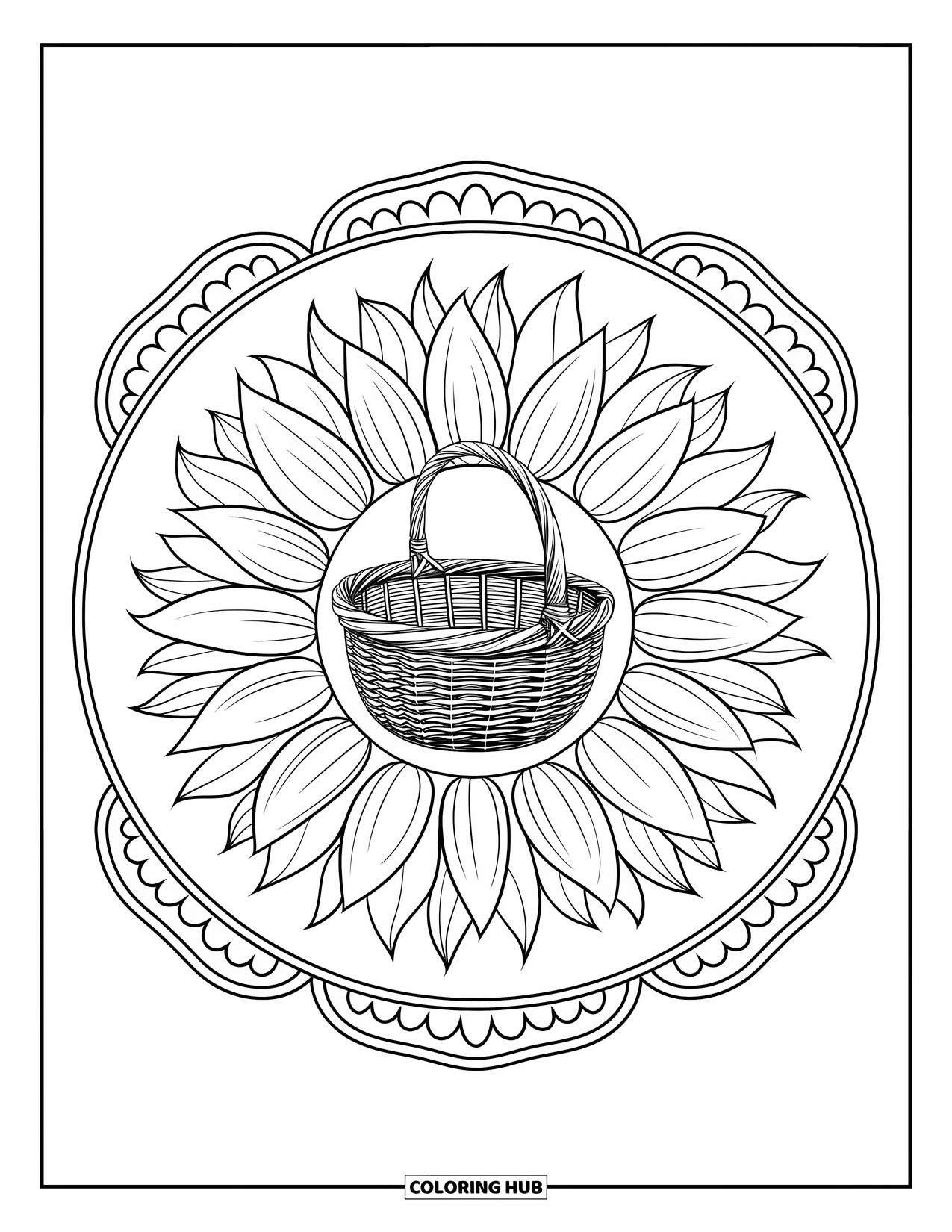 Easter Basket Coloring Page for Adults: A vintage basket sits at the center of a sunflower mandala