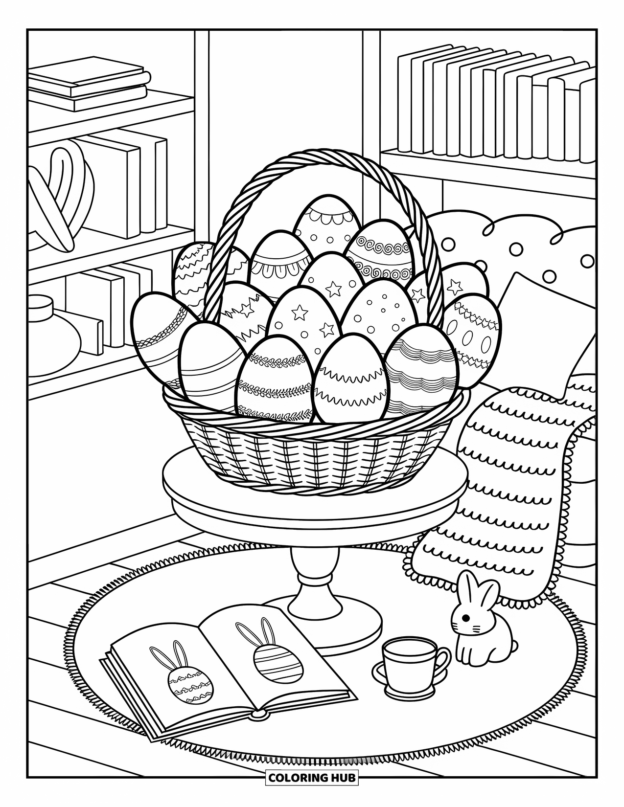 Easter Basket Coloring Page for Adults: A wicker basket of patterned eggs rests on a table with books and a candle