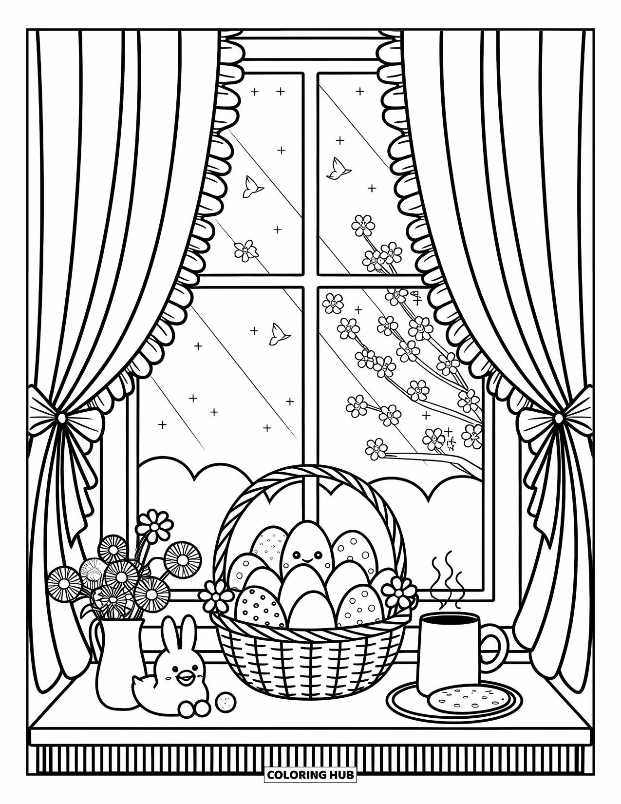 Easter Basket Coloring Page for Adults: A windowsill holds a basket of eggs and plush toys with curtains framing spring trees