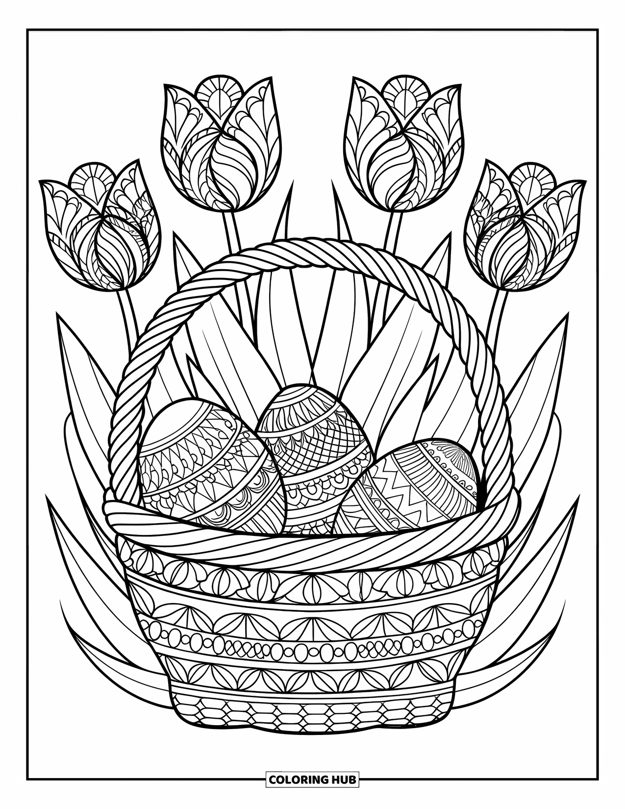 Easter Basket Coloring Page for Adults: A woven basket of filigree eggs is framed by botanical tulips