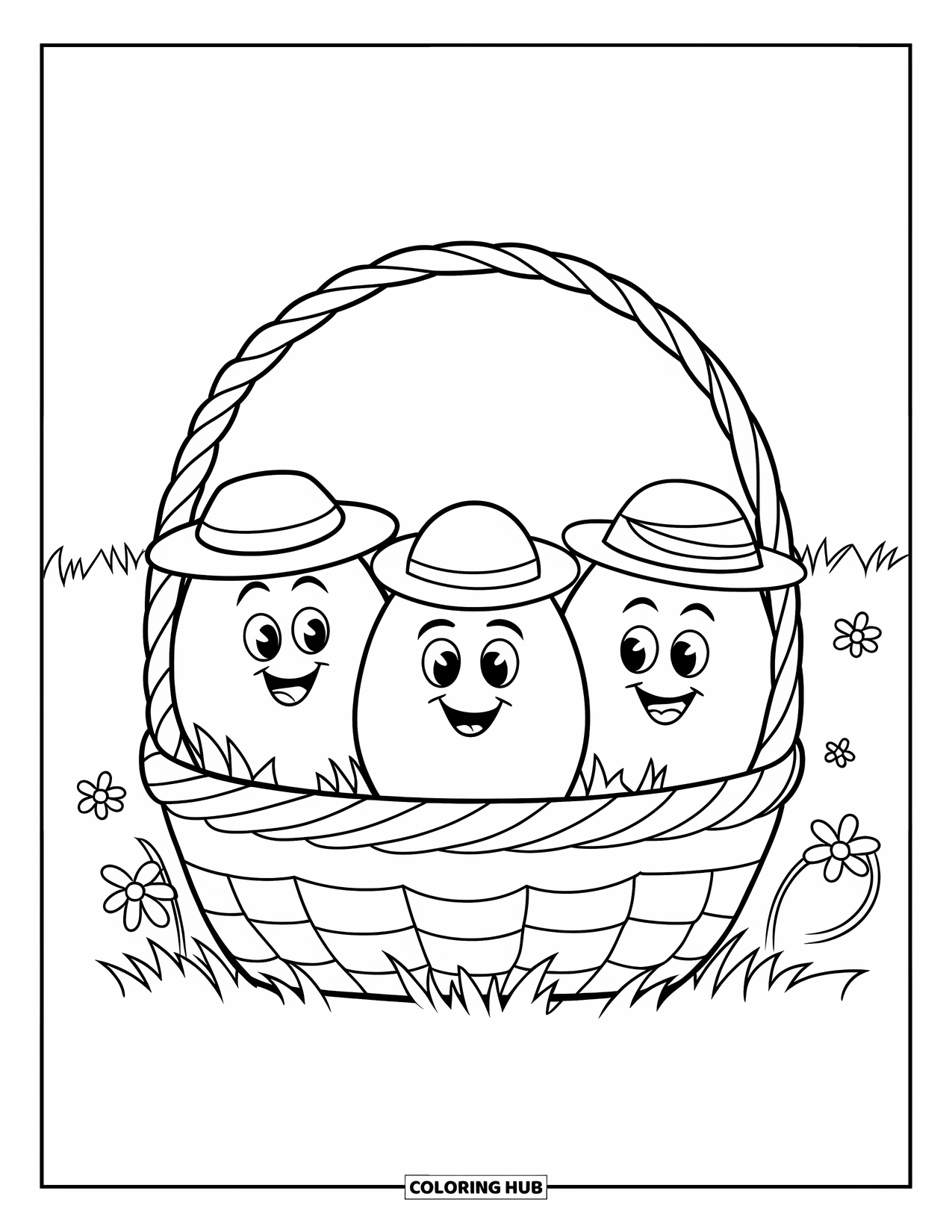 Easter Basket Coloring Page for Kids: A basket holds three chunky eggs in hats sitting happily in the grass