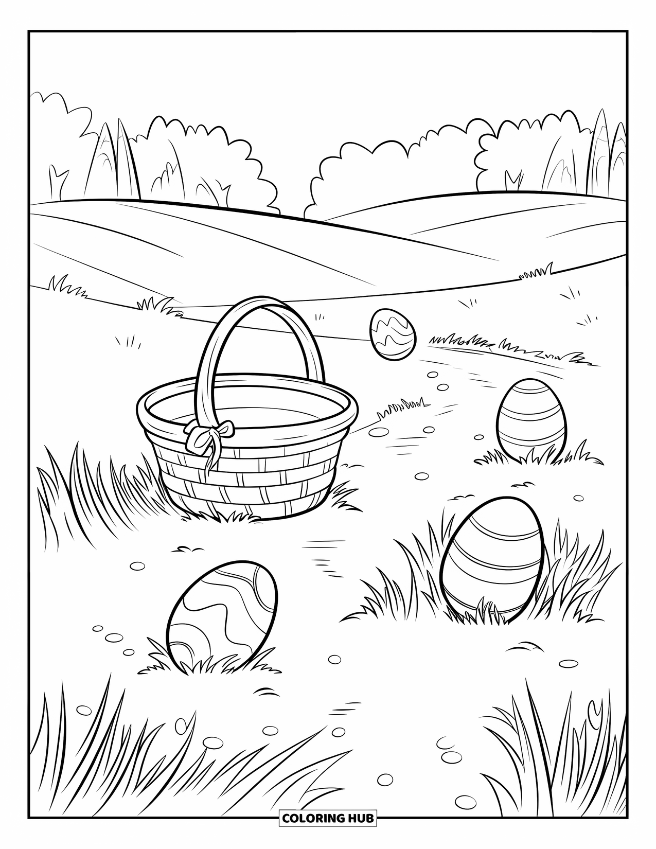 Easter Basket Coloring Page for Kids: A basket in tall grass sits along a trail with hidden eggs scattered