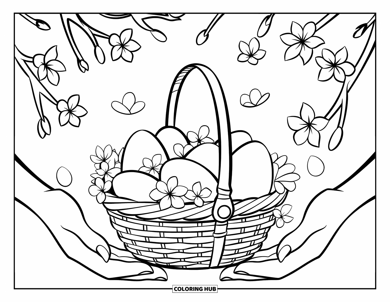 Easter Basket Coloring Page for Kids: A basket of eggs and blossoms floats as if carried by invisible hands