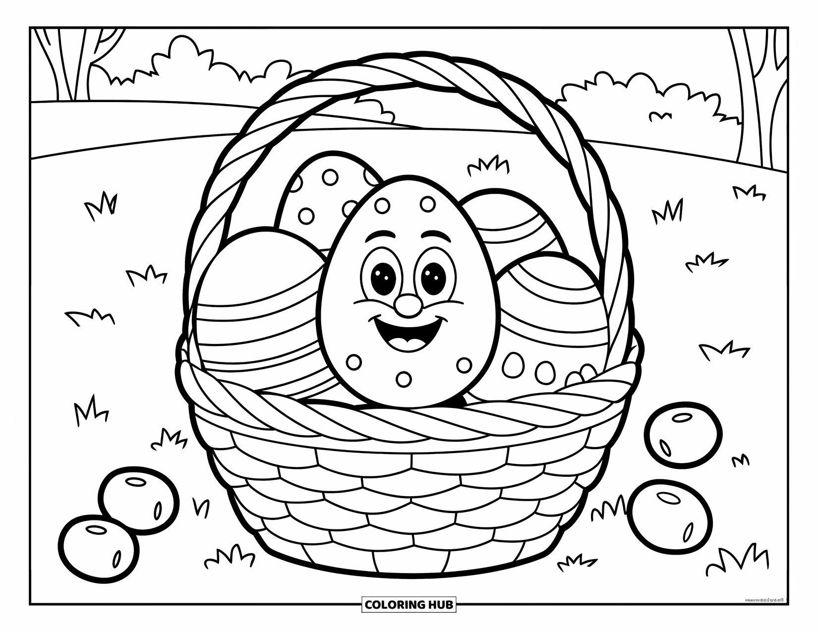 Easter Basket Coloring Page for Kids: A basket of jellybeans and a smiling egg sits in a grassy field
