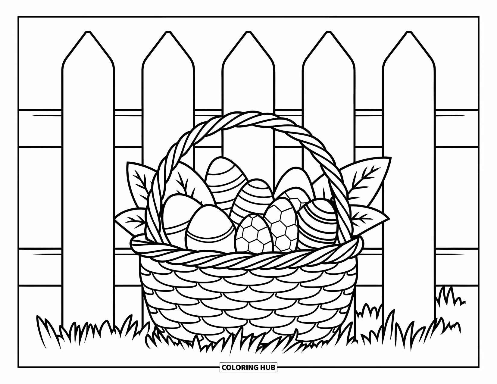 Easter Basket Coloring Page for Kids: A basket of jellybeans and eggs is tucked behind a white picket fence