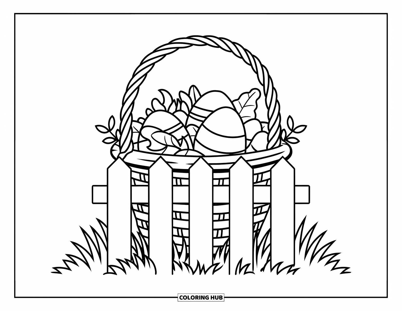 Easter Basket Coloring Page for Kids: A basket of jellybeans and eggs peeks from behind a white picket fence