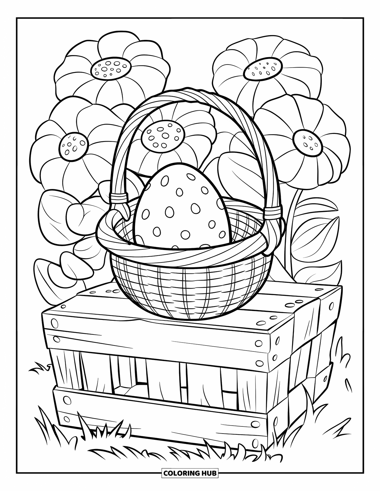 Easter Basket Coloring Page for Kids: A basket on a crate holds a spotted egg among large patterned flowers