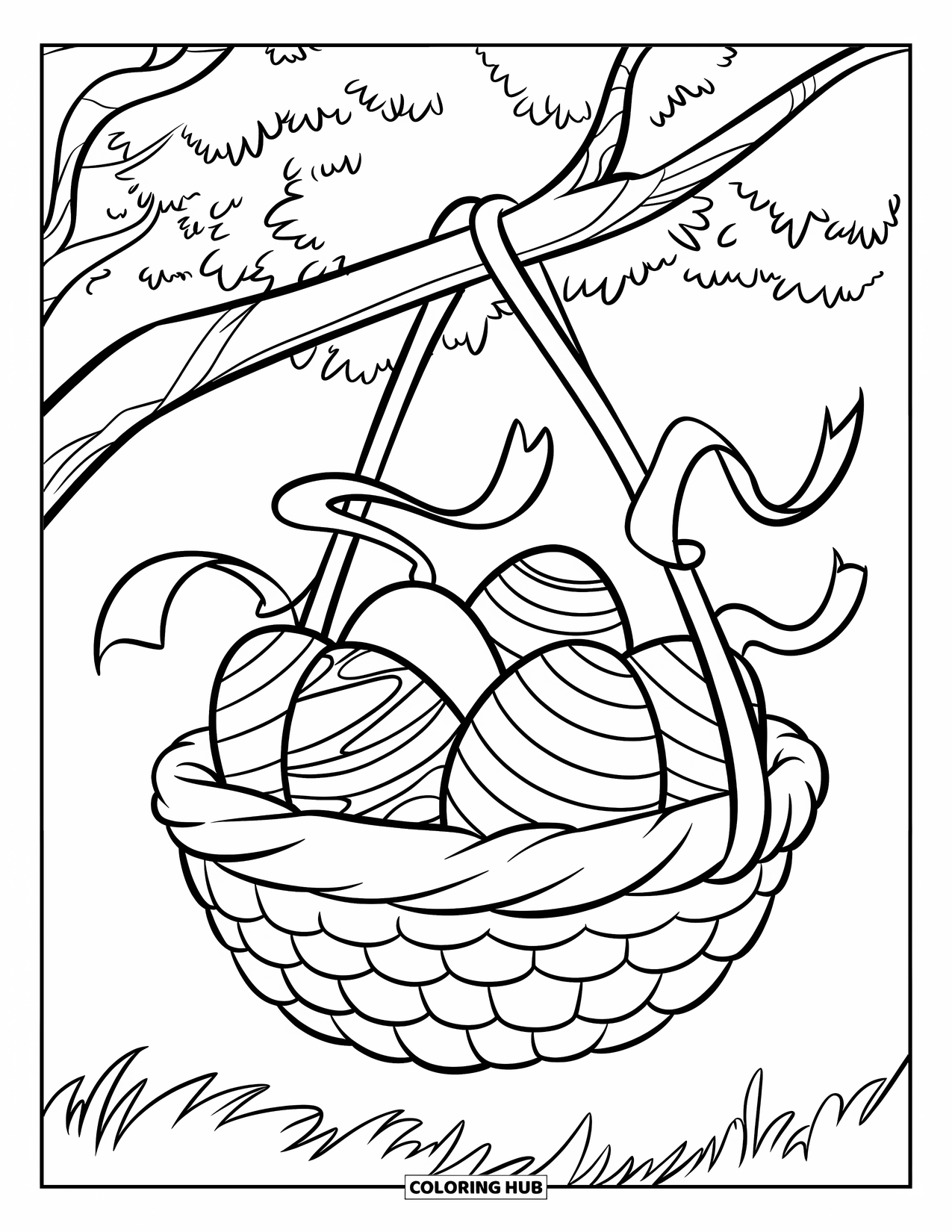 Easter Basket Coloring Page for Kids: A basket tied to a tree branch holds patterned eggs and ribbons in the wind