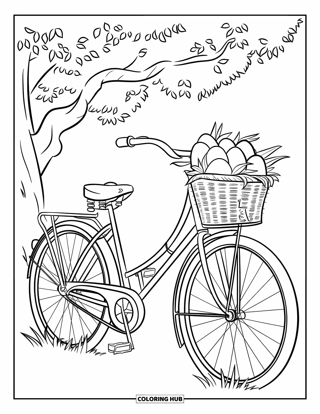Easter Basket Coloring Page for Kids: A bicycle under a leafy tree holds a basket filled with eggs