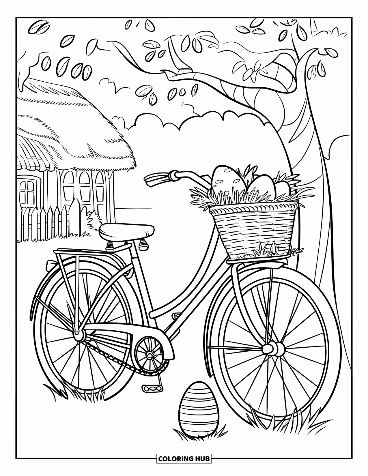 Easter Basket Coloring Page for Kids: A bicycle with a basket of eggs rests near a thatched-roof cottage