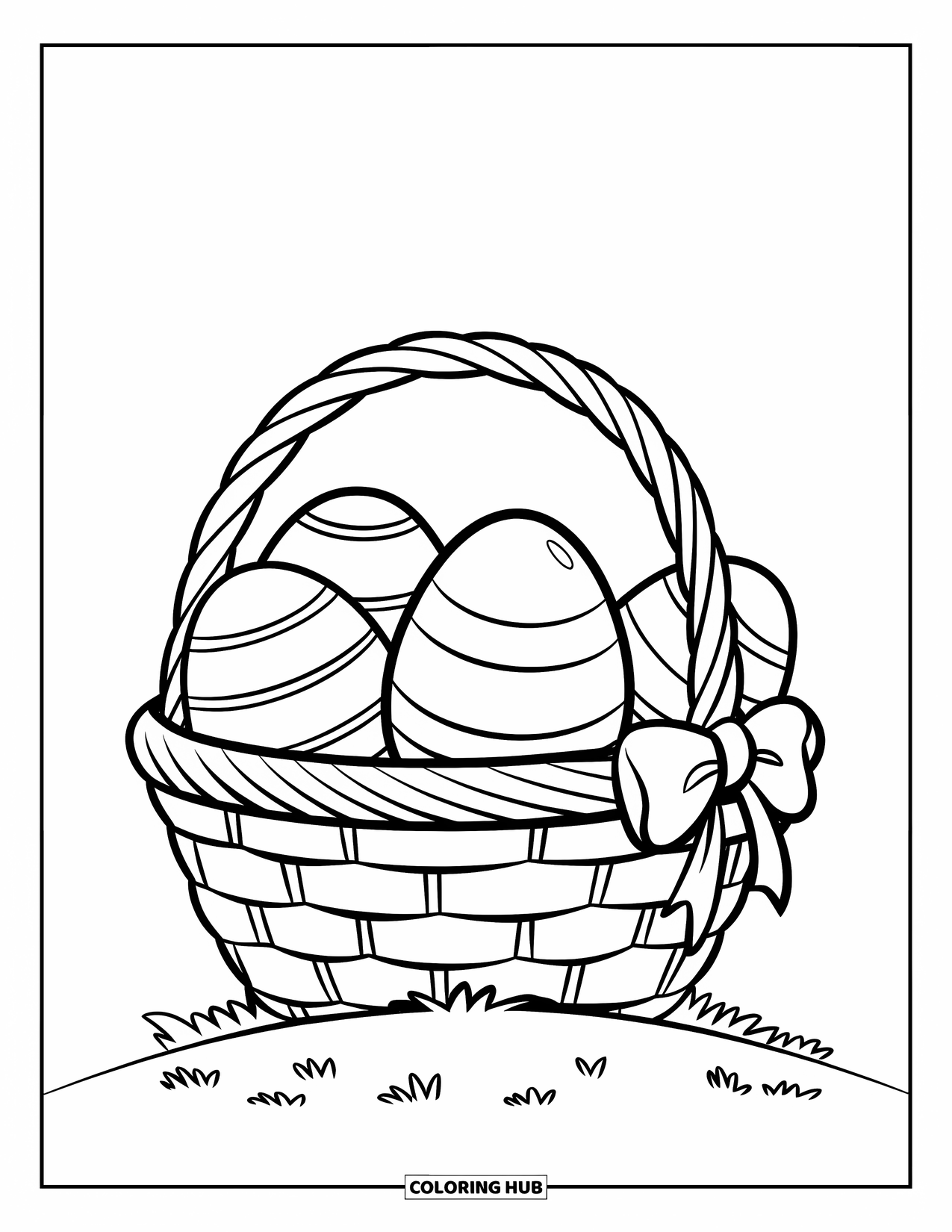 Easter Basket Coloring Page for Kids: A giant basket with three oversized eggs and a ribbon sits on a hill