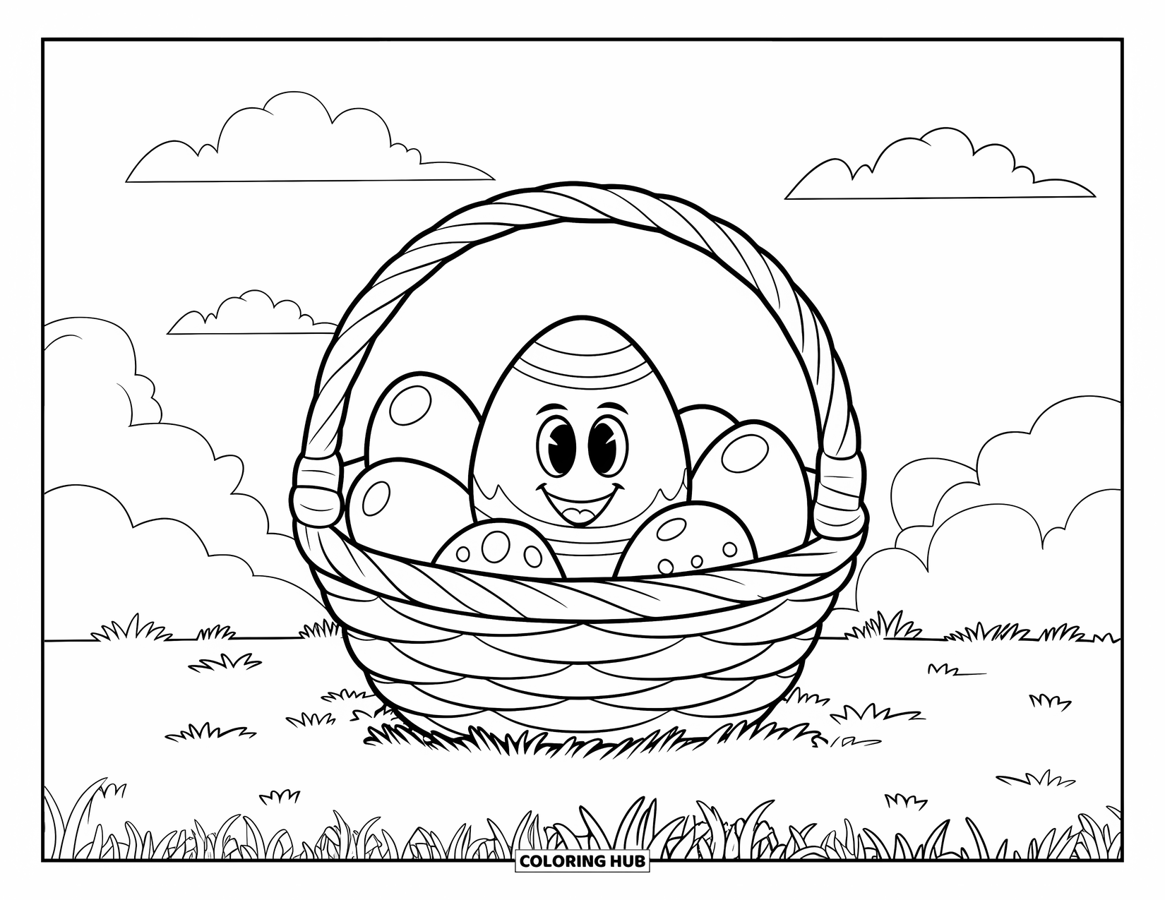 Easter Basket Coloring Page for Kids: A grassy field holds a basket of jellybeans and a smiling egg