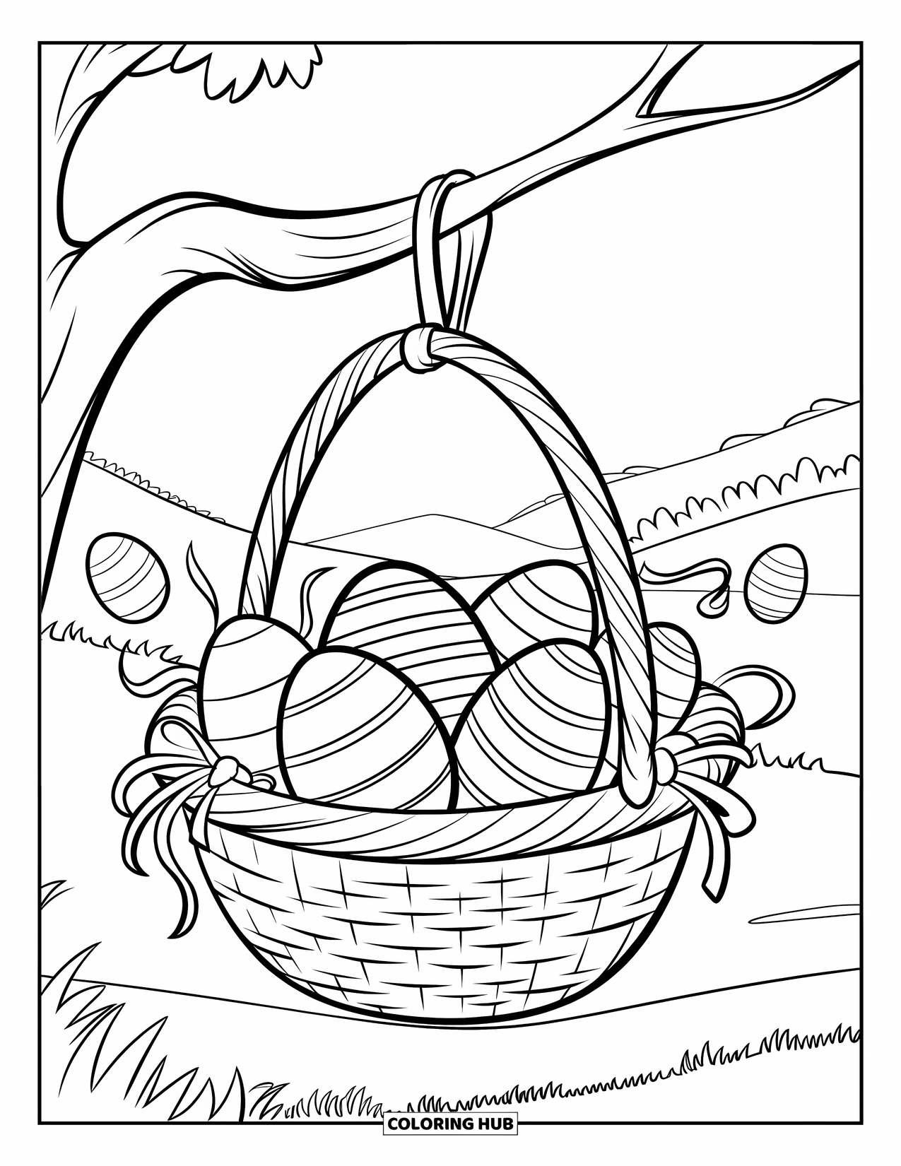 Easter Basket Coloring Page for Kids: A hanging basket tied to a tree branch holds patterned eggs and ribbons