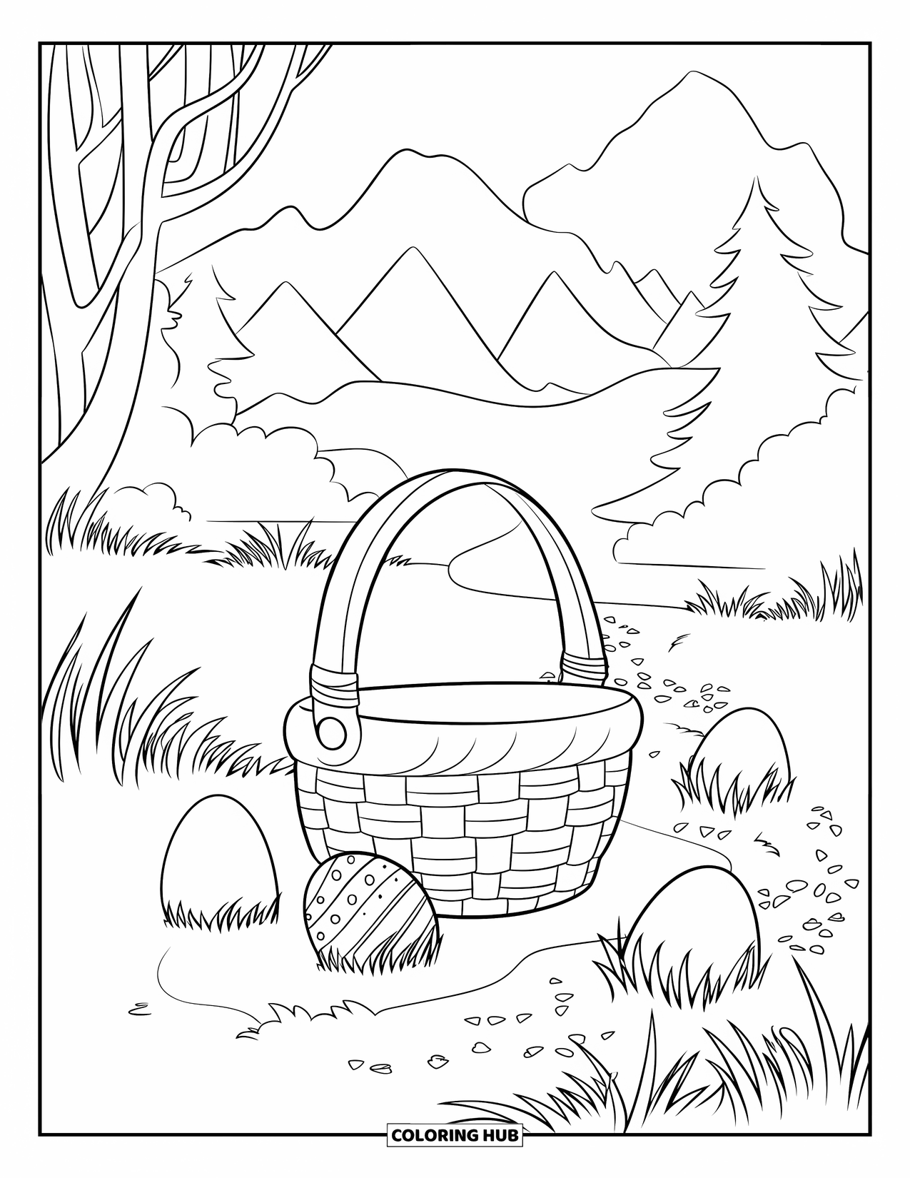 Easter Basket Coloring Page for Kids: A magical egg hunt trail leads to a basket among grass and hidden eggs