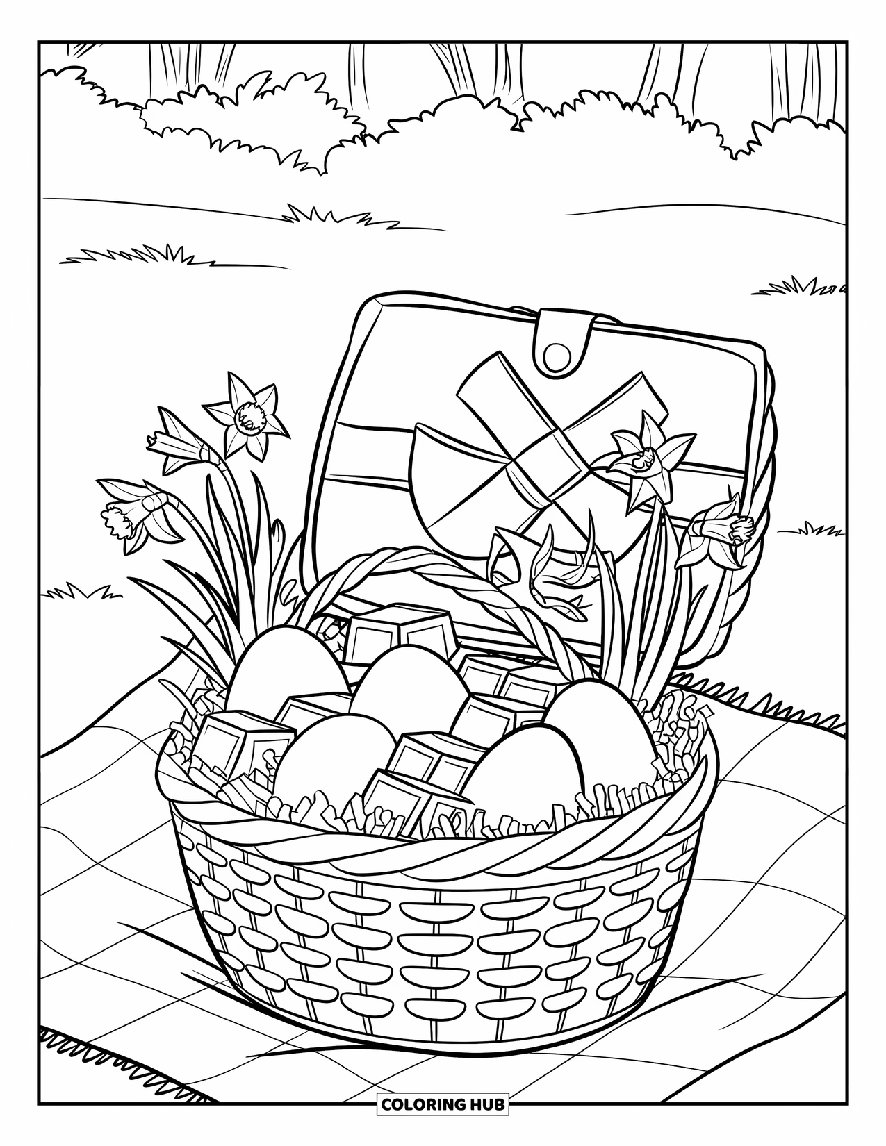 Easter Basket Coloring Page for Kids: A picnic basket of eggs and daffodils sits on a grassy blanket