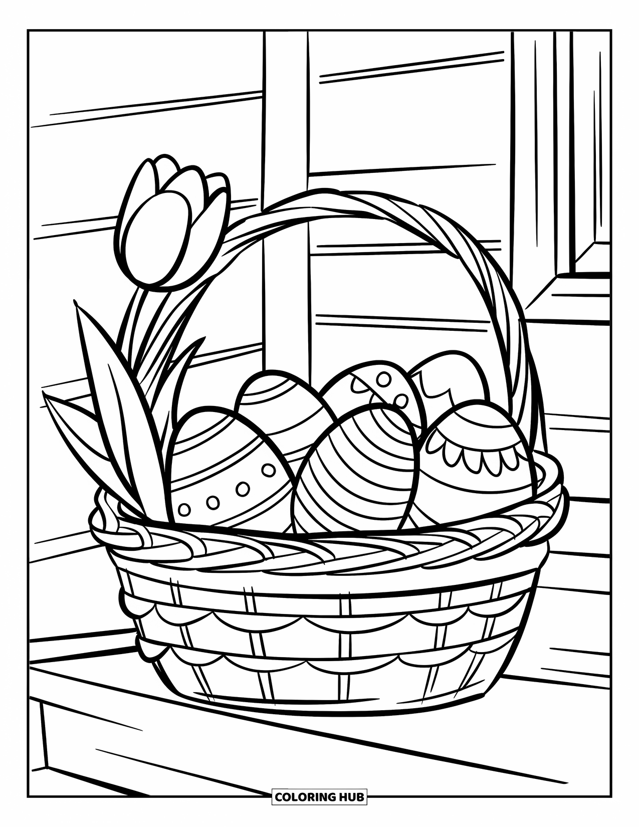 Easter Basket Coloring Page for Kids: A porch step holds an Easter basket of eggs with a tulip beside it