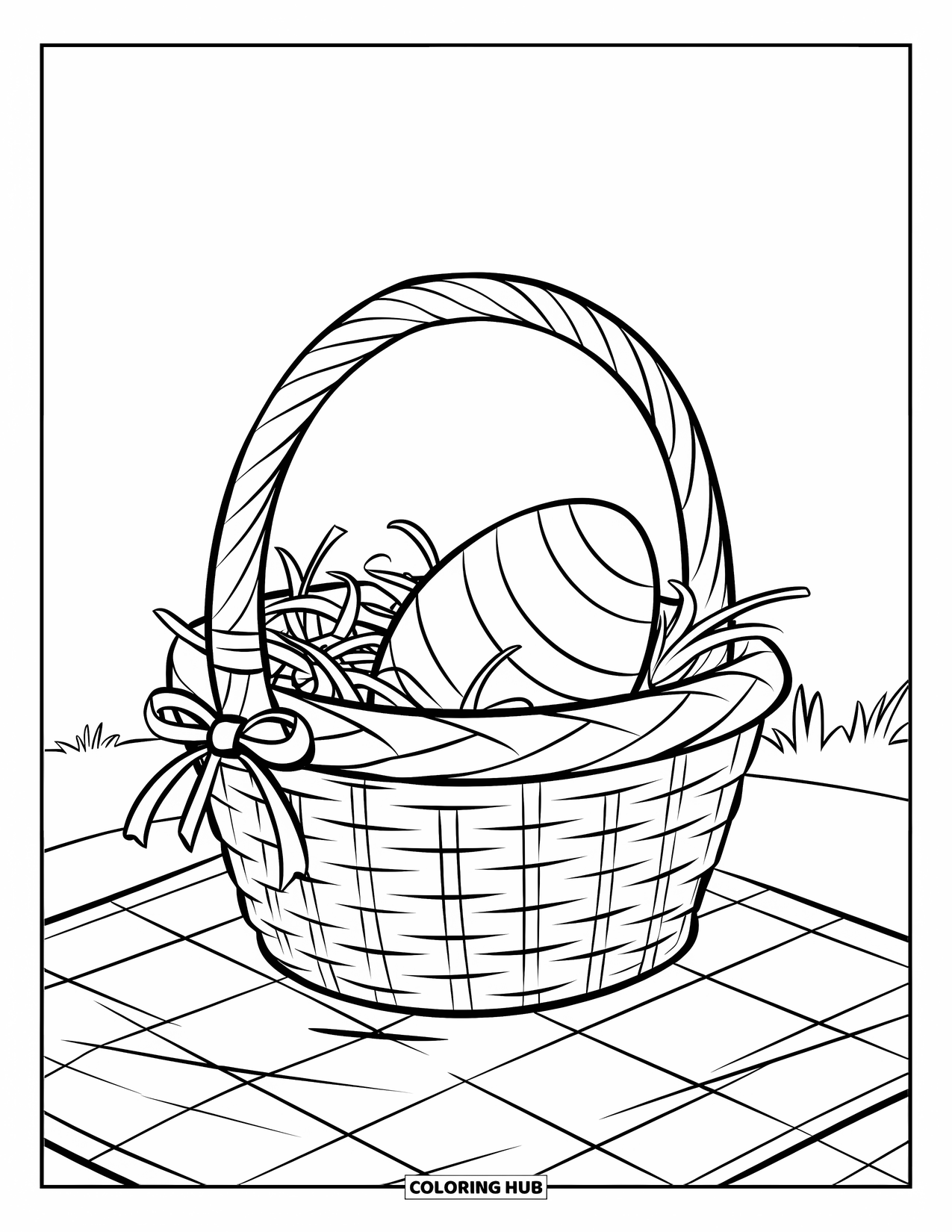 Easter Basket Coloring Page for Kids: A ribbon-tied basket with shredded paper and an egg rests on a picnic cloth
