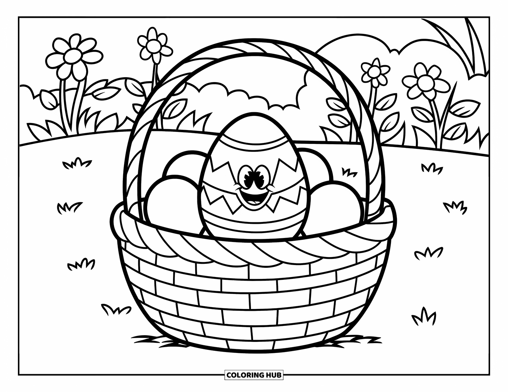 Easter Basket Coloring Page for Kids: A simple basket of jellybeans and a smiling egg rests among flowers