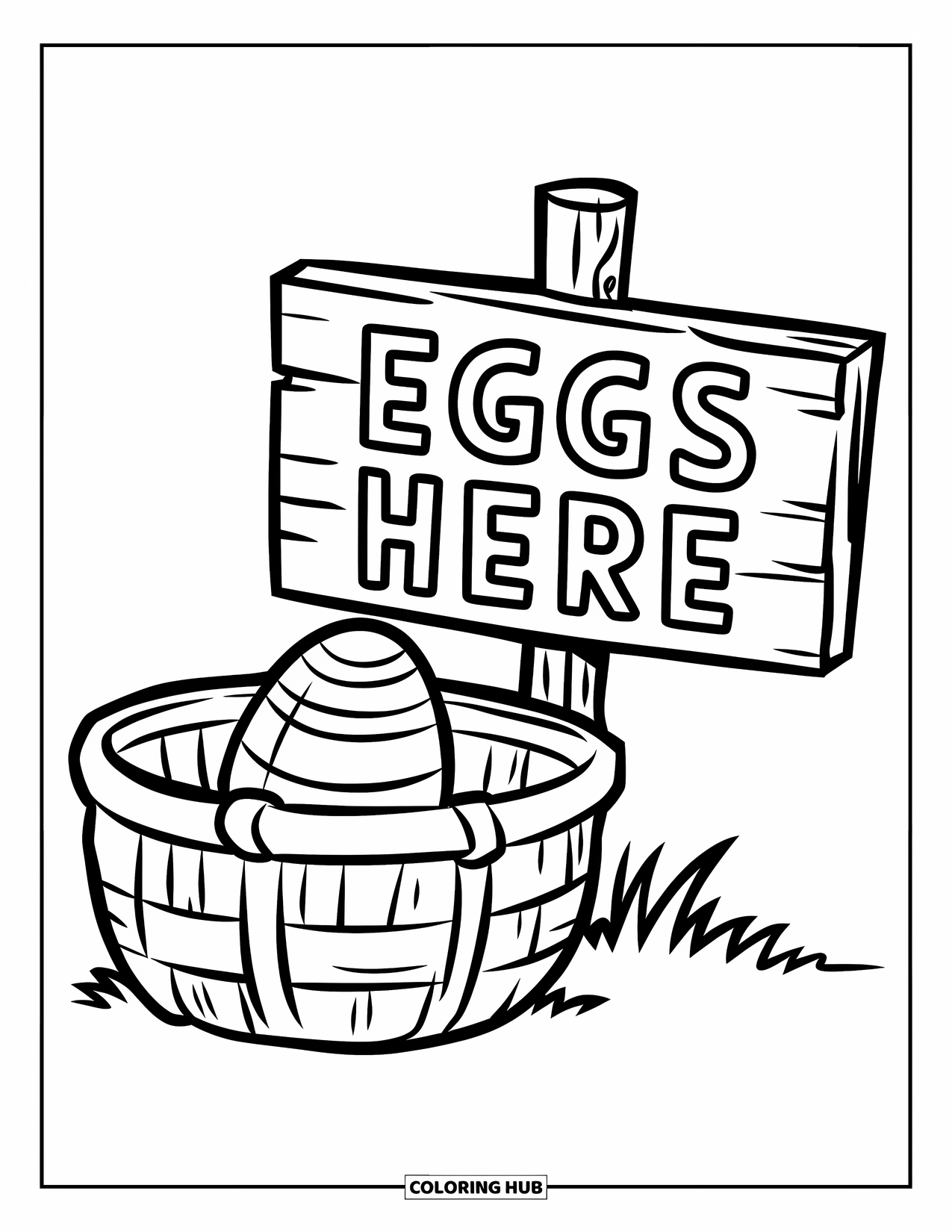 Easter Basket Coloring Page for Kids: A small basket with a striped egg rests beside a wooden sign reading "Eggs Here"