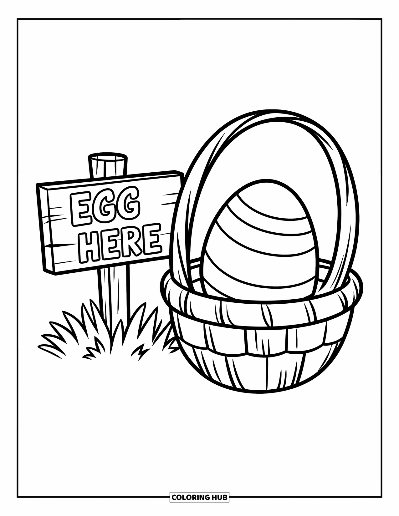 Easter Basket Coloring Page for Kids: A striped egg rests inside a small basket beside a wooden "Eggs Here" sign